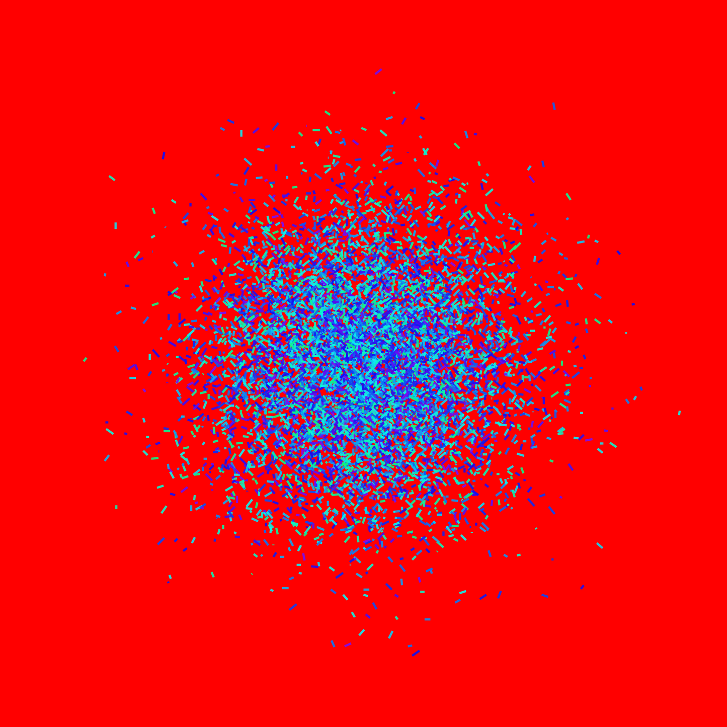 Blue, green, purple confetti like patterned abstract art print on a red background