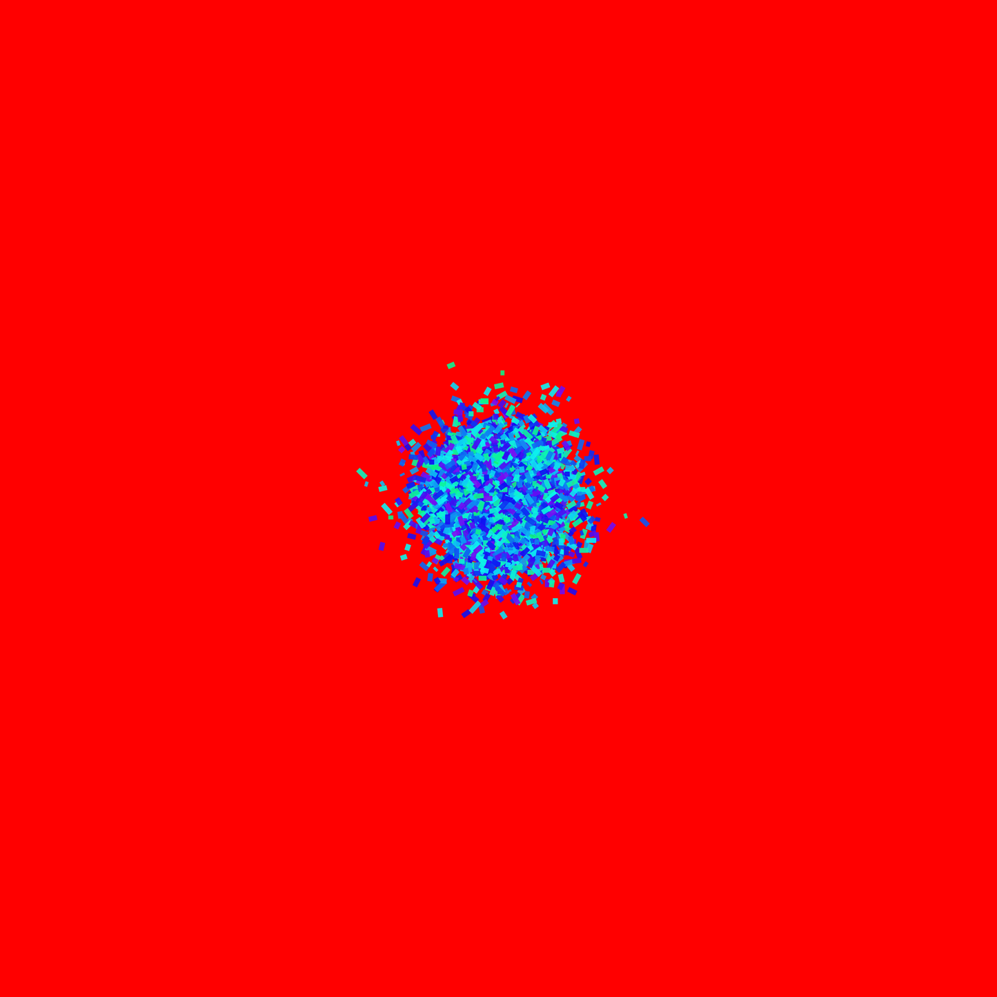 Abstract patterned art print of ball of blue and green fragments on a red background