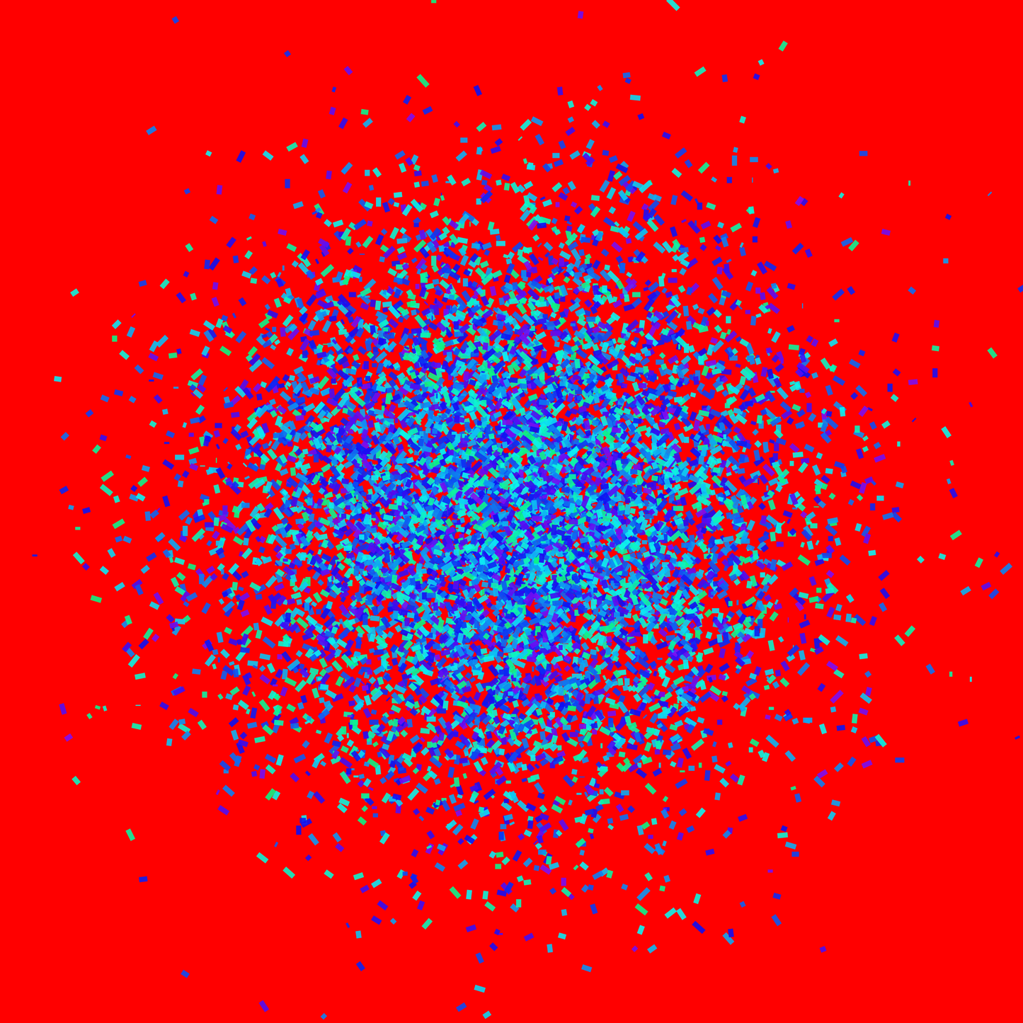 Abstract patterned art print of blue and green fragments on a red background