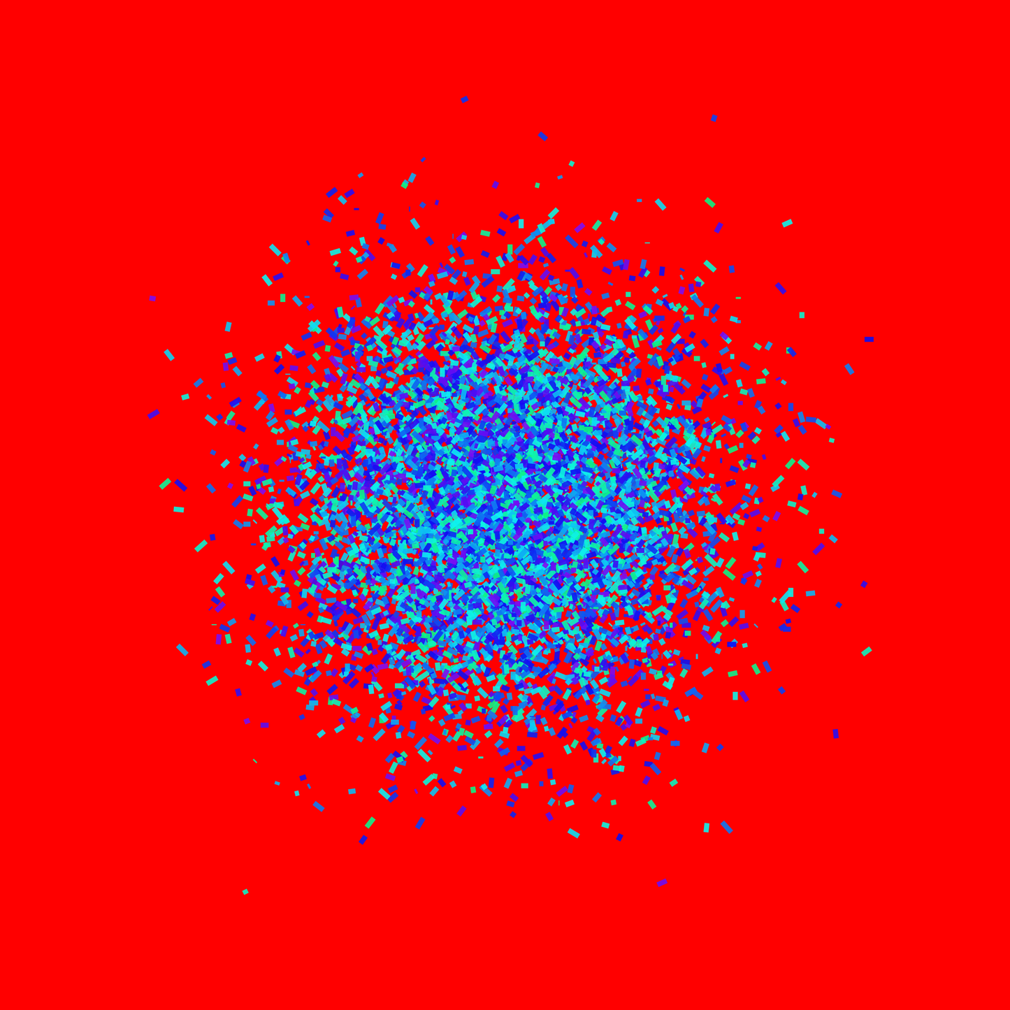 Abstract circle patterned art print of blue and green fragments on a red background