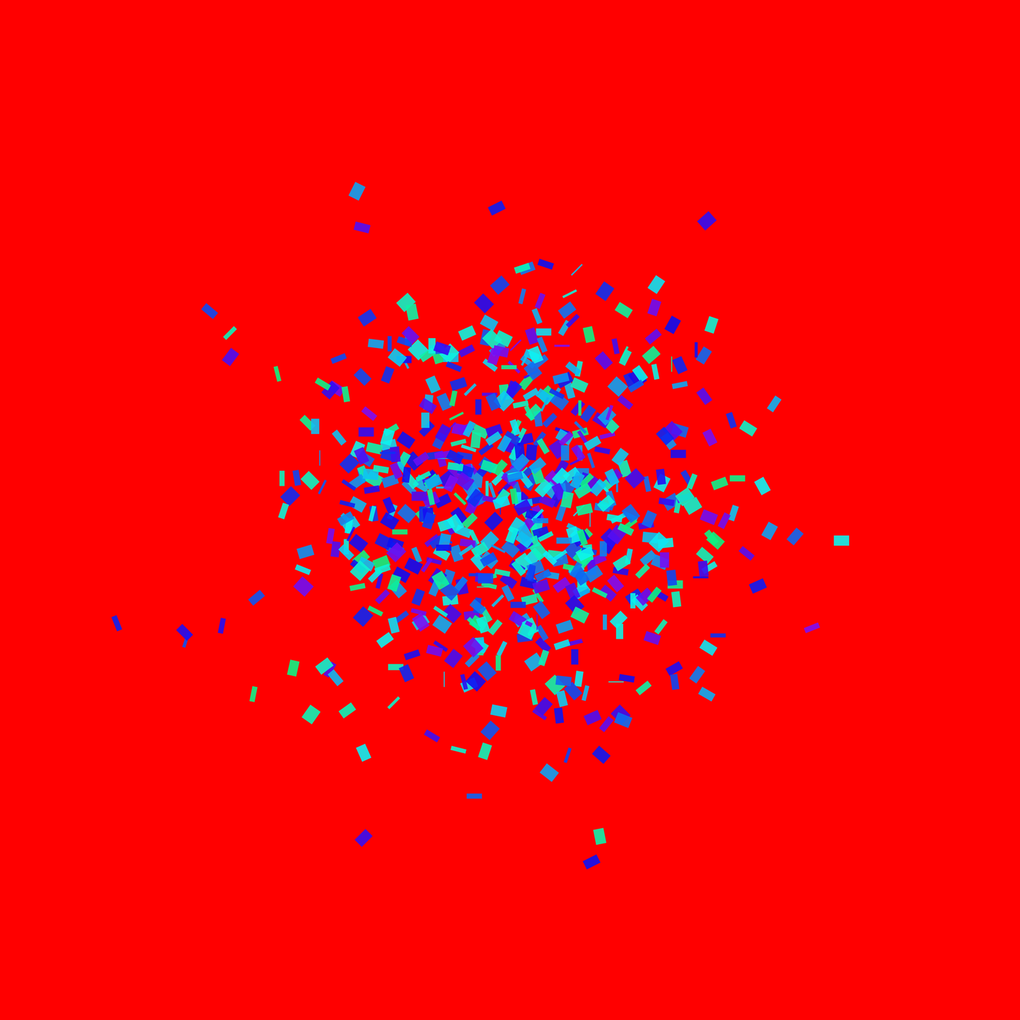 Blue, green, purple confetti like patterned abstract print on a red background