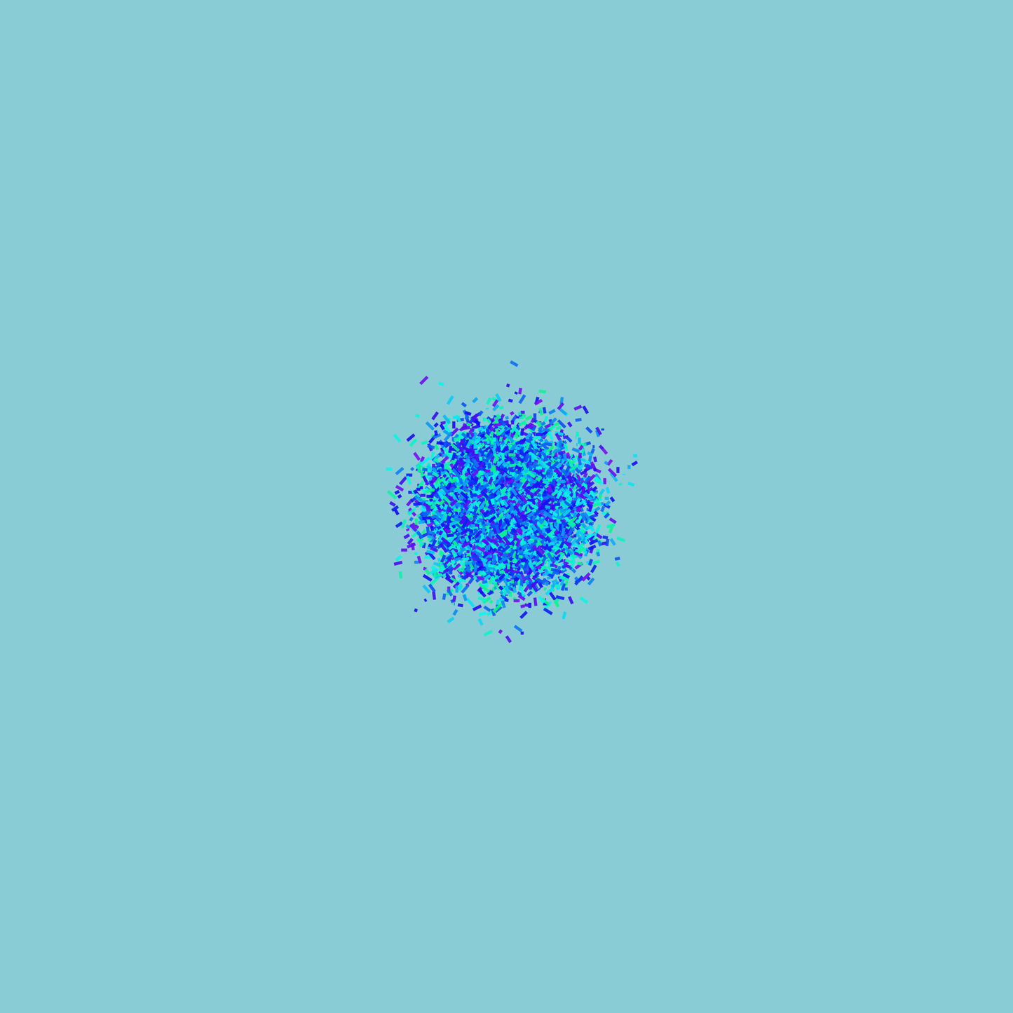 Abstract art print of blue, green and purple confetti like circular pattern on a light blue background