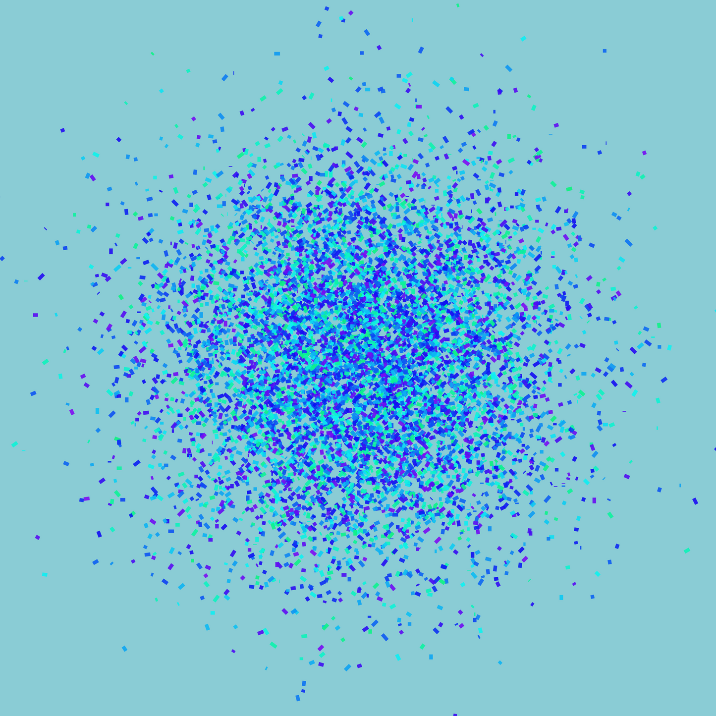 Abstract art print of blue, green and purple confetti like circular pattern on a light blue background