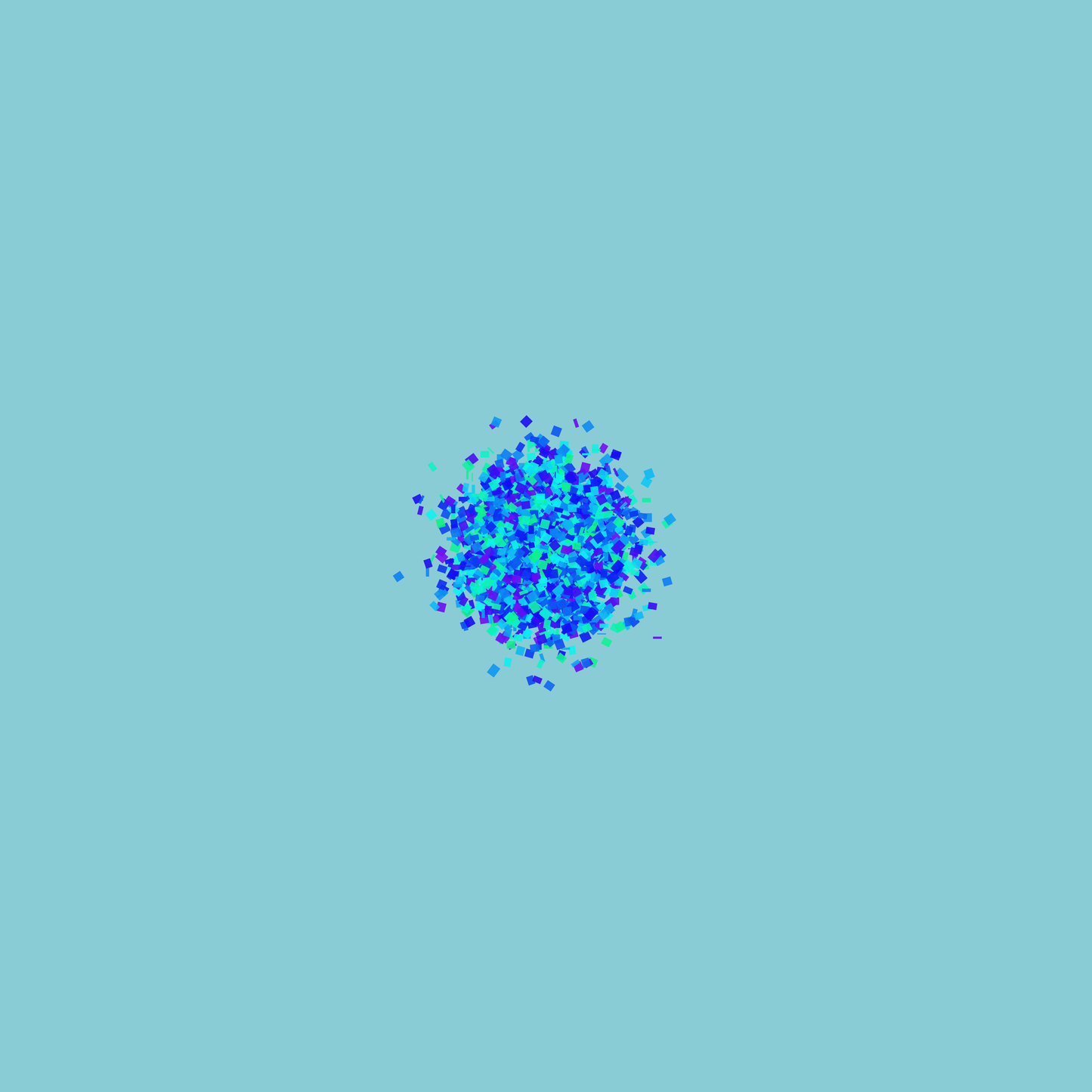 Abstract art print of blue, green and purple confetti like circular pattern on a light blue background
