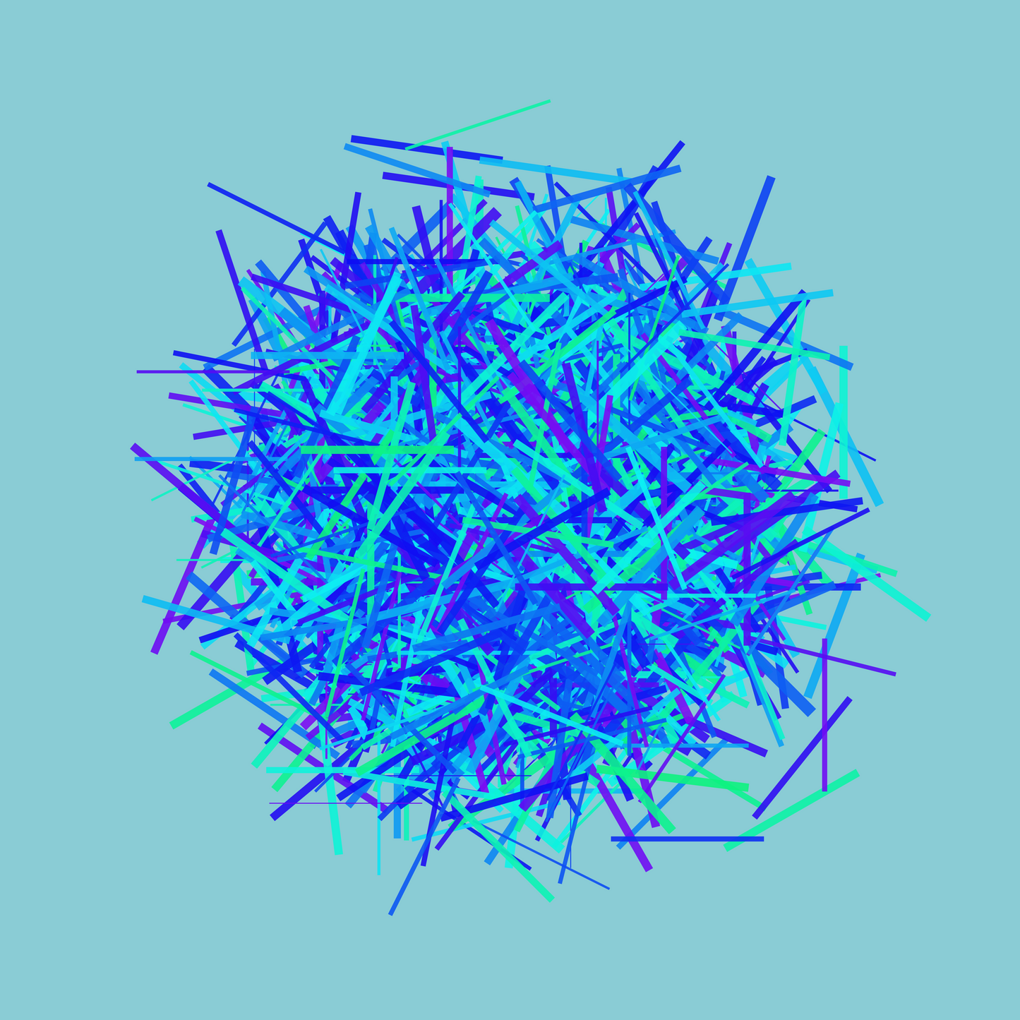 Abstract art print of blue, green and purple lines in a circular pattern on a light blue background