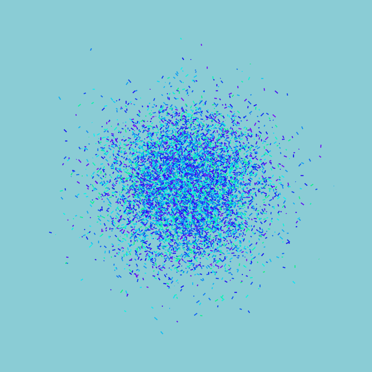 Abstract art print of blue, green and purple confetti like circular pattern on a light blue background