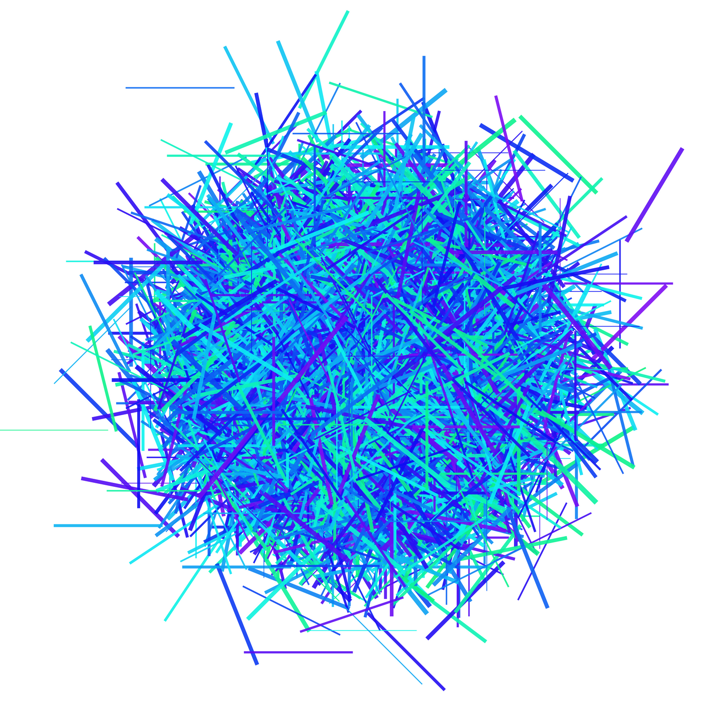 Abstract patterned print of intersecting blue, green and purple lines on a white background