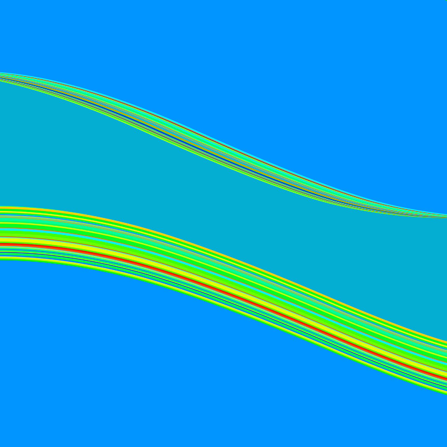 generative art print of wavy lines in green, yellow, and red on a blue background