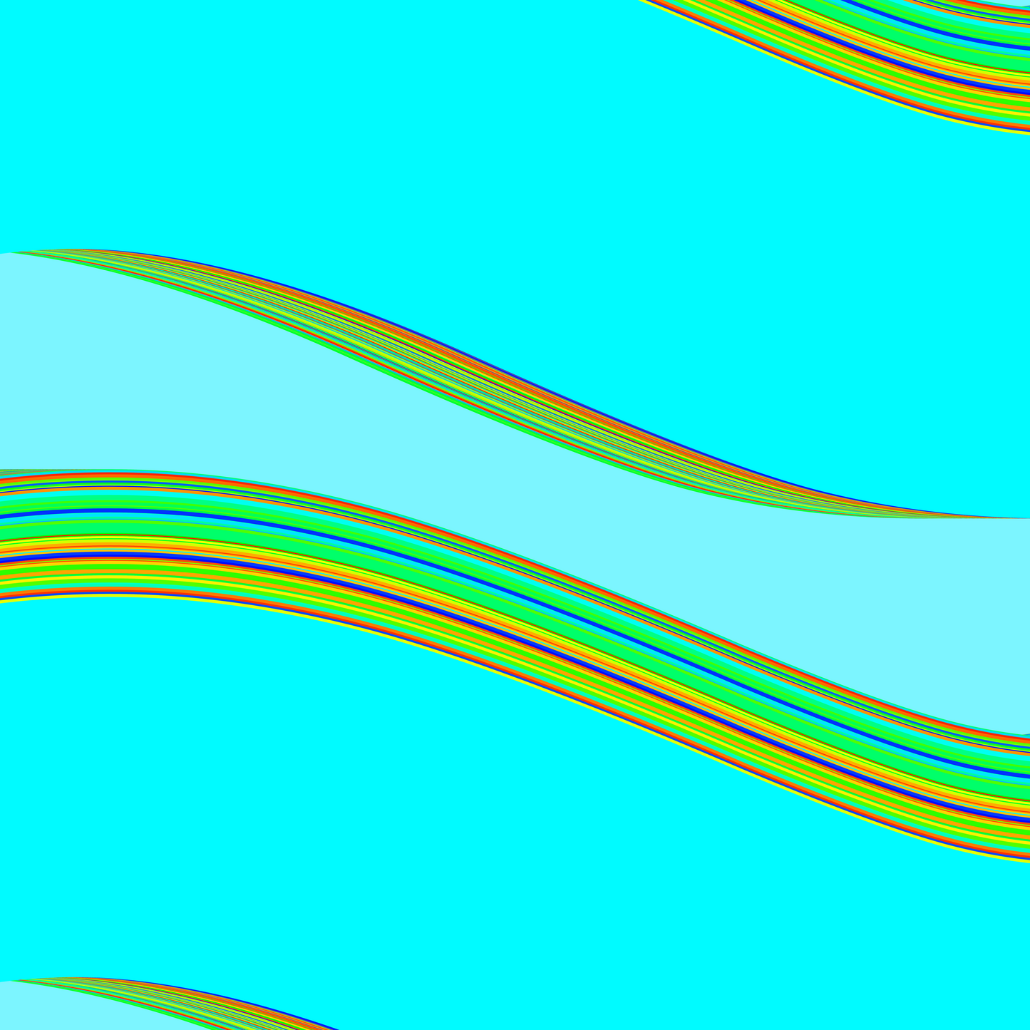 generative art print of wavy lines in rainbow colors on a blue background