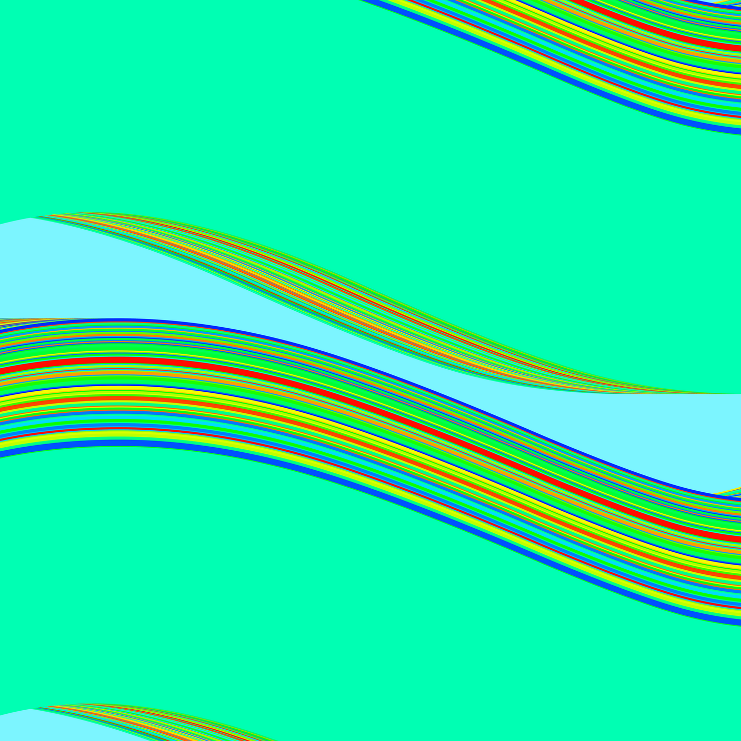 Colorful generative art print of wavy lines on a green background