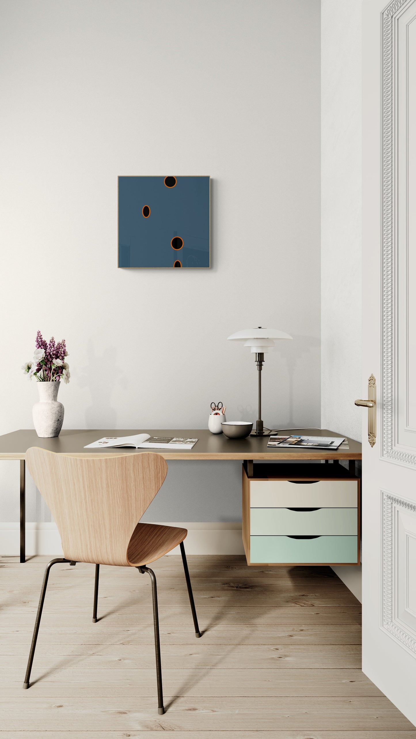 Modern home office with wooden desk, chair, and grey abstractt wall art print .