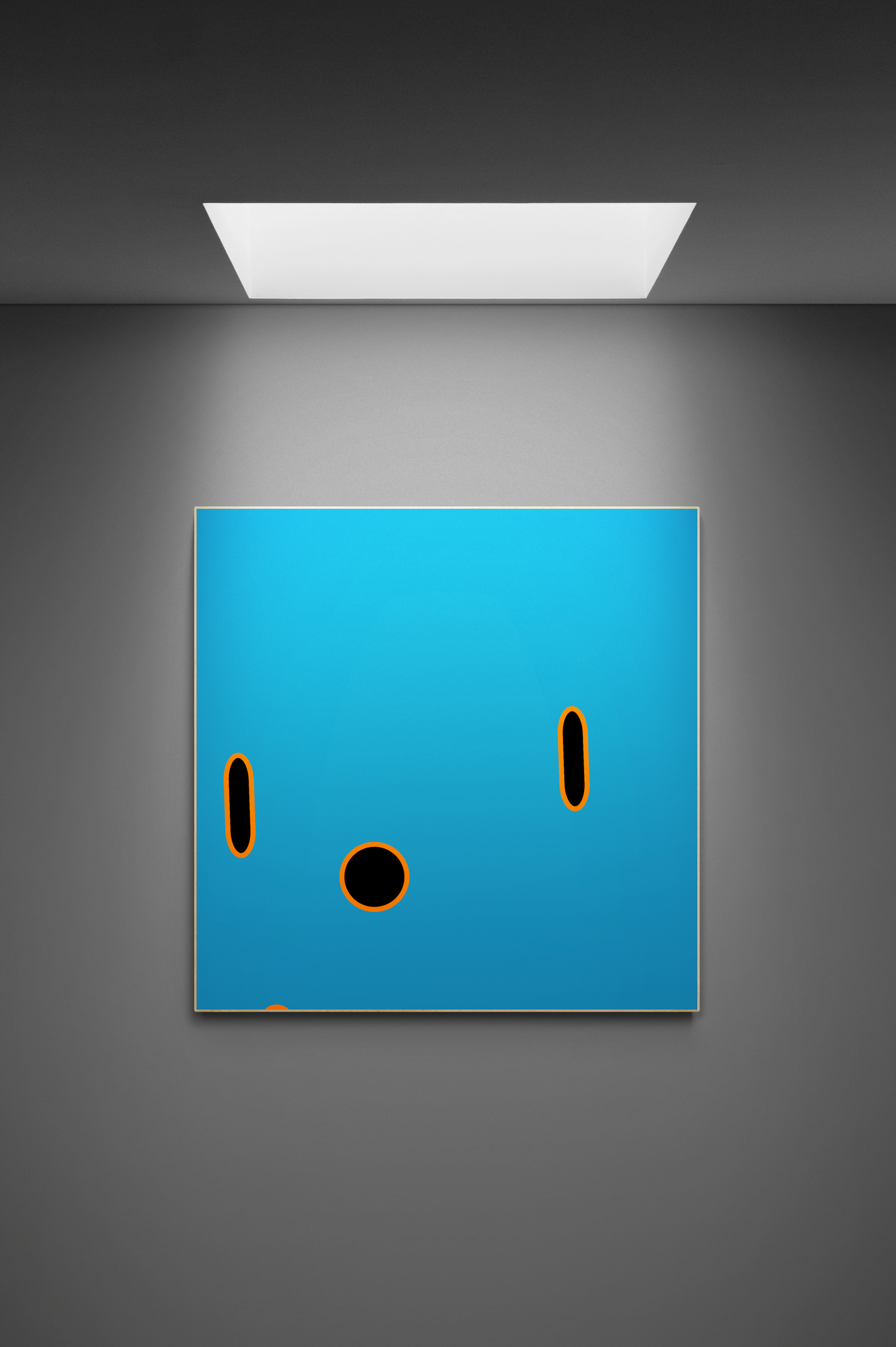 Blue square print with black and orange circle shapes on a gray background