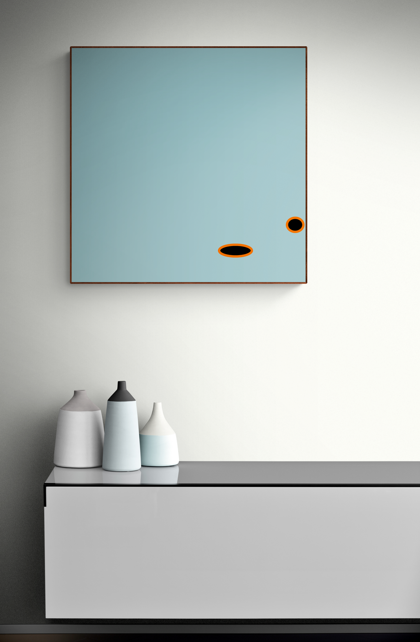 Modern interior, light blue art print with black and orange shapes on the wall and decorative vases on a surface.