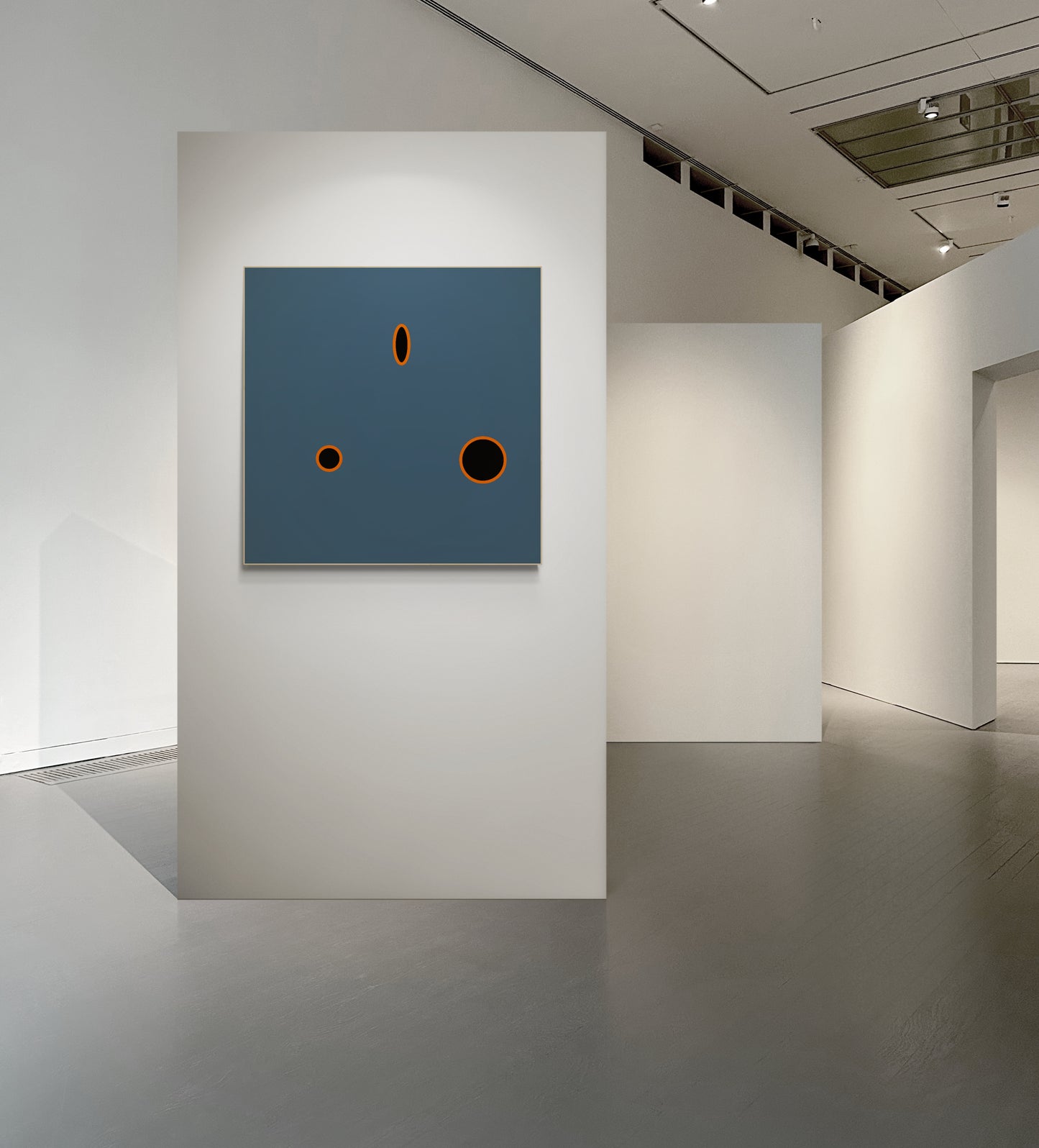 Abstract grey artwork print on a white wall in an art gallery