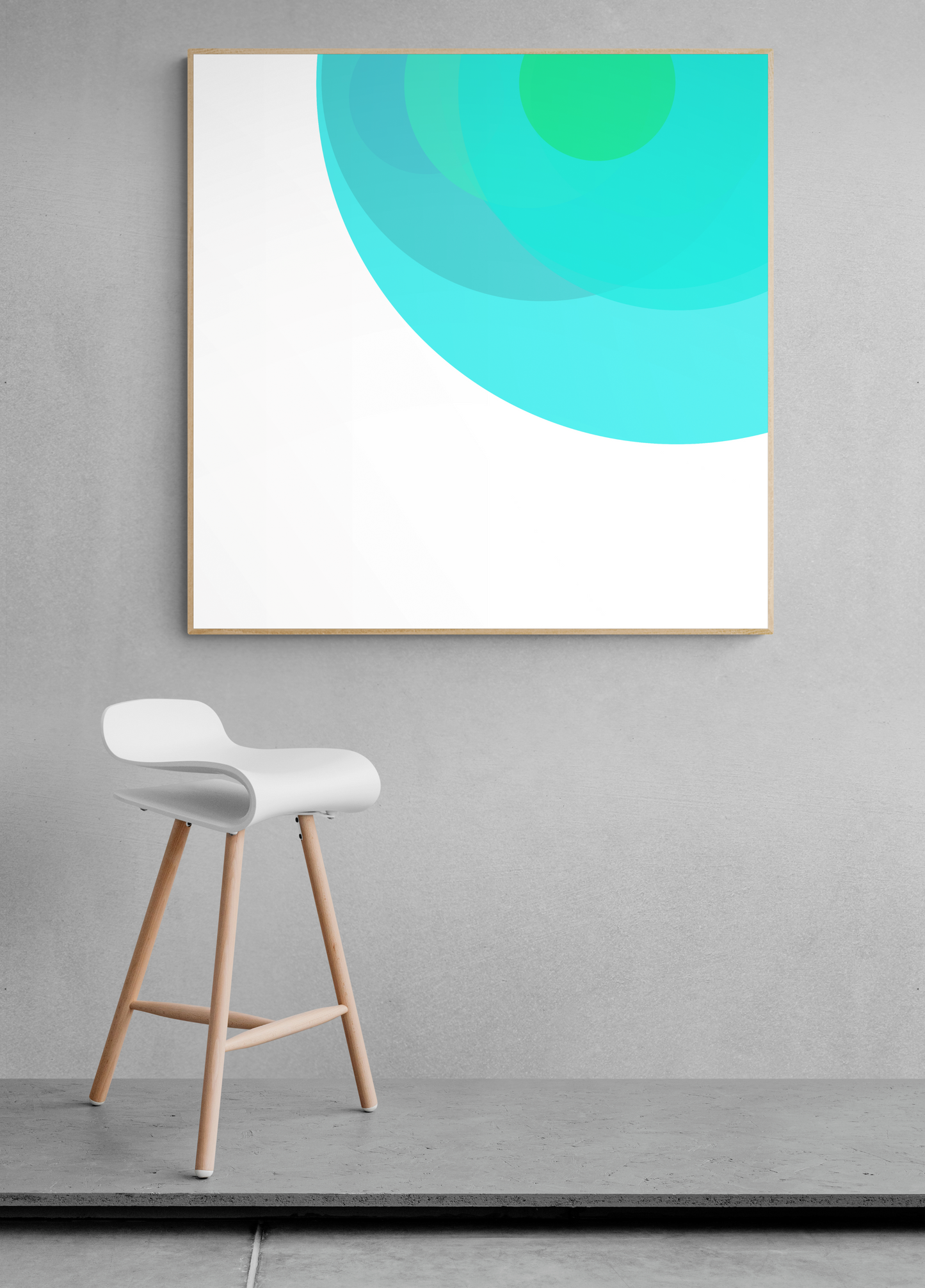 Abstract art print with a blue circle on a white background, displayed above a modern stool.