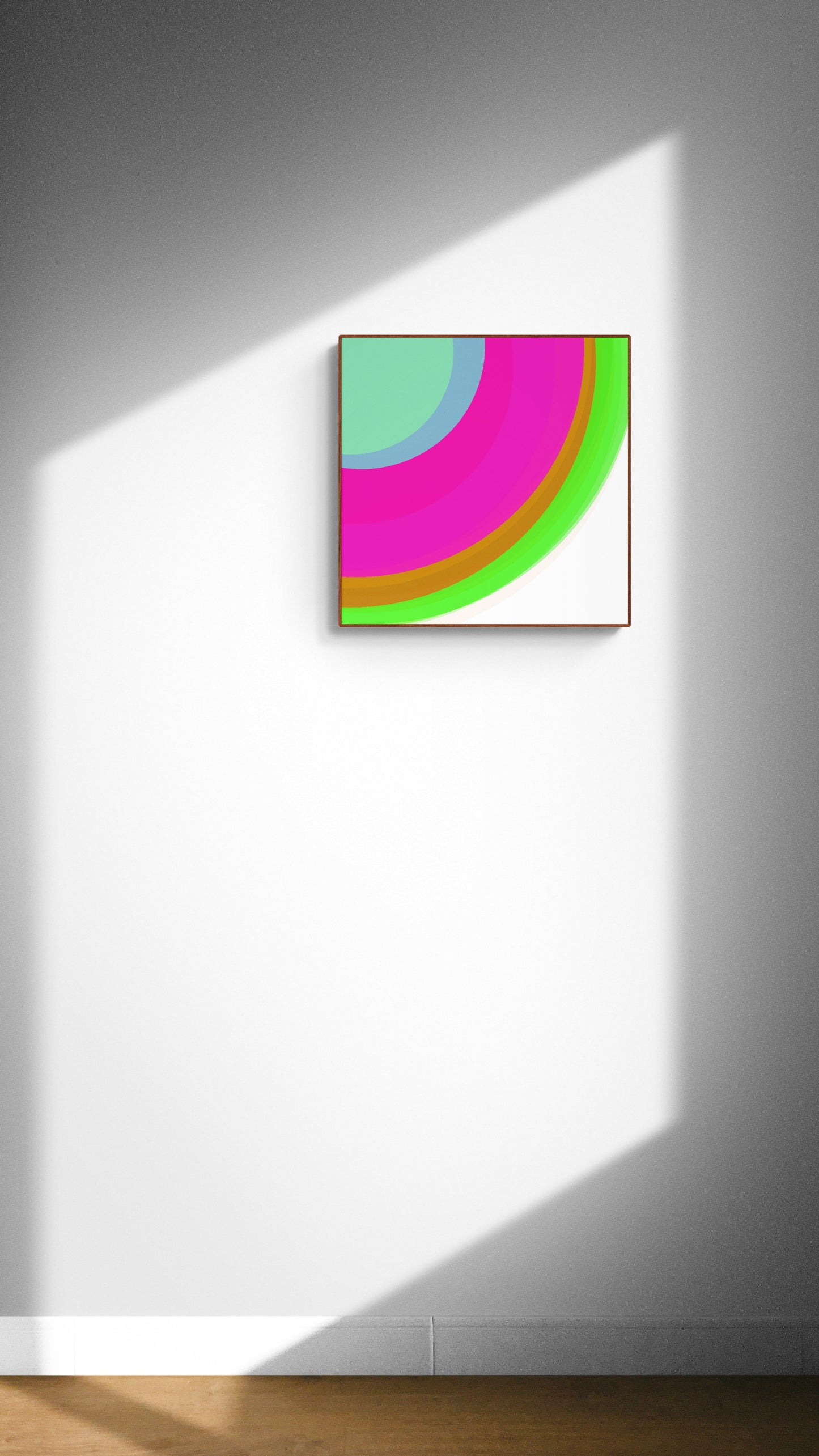 Art print of colorful circular sphere objects on a white background on a white wall