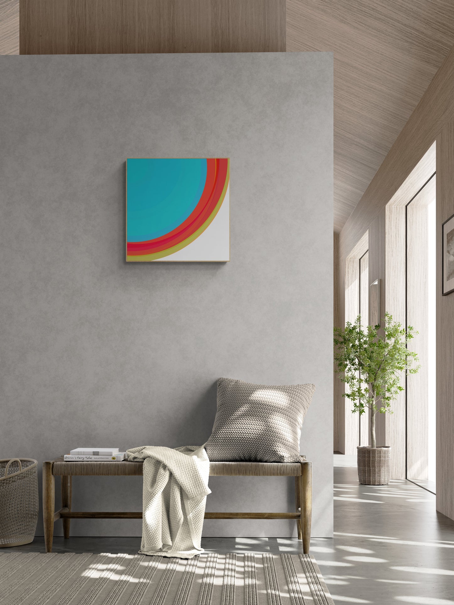 Modern interior with a colorful abstract art print on a gray wall, a bench with a blanket and pillow, and a plant.