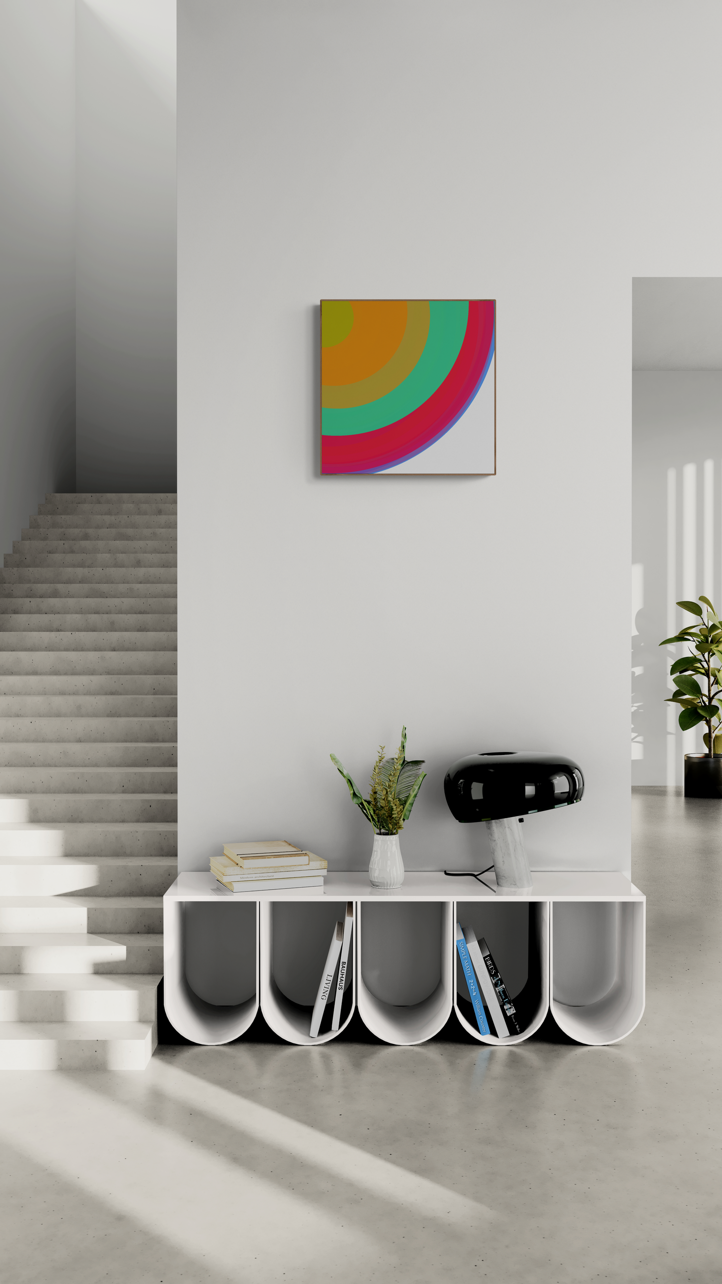 Modern interior with a colorful abstract art print on a white wall, a white console table with magazines, and a staircase.