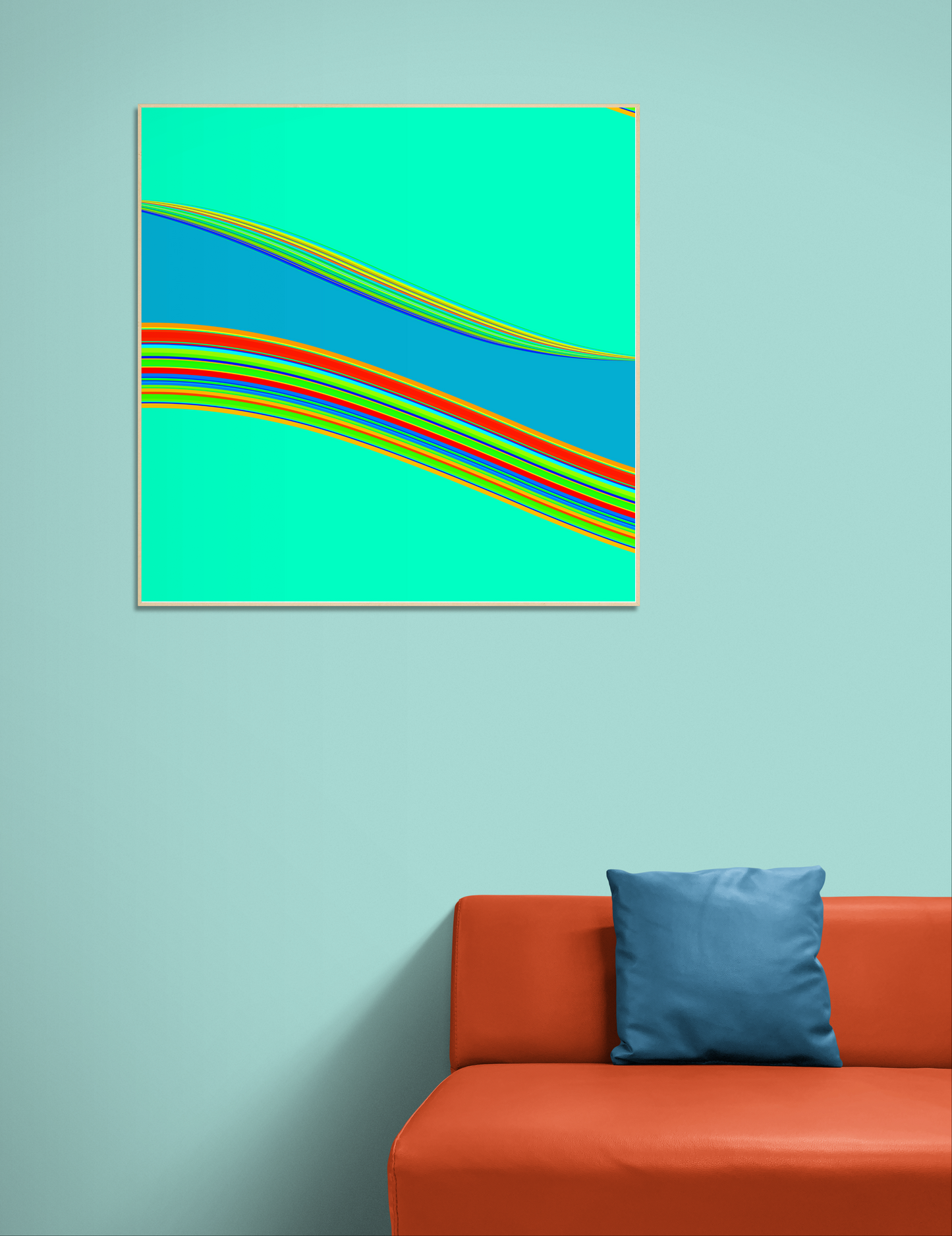 Abstract generative art print with colorful stripes on a teal wall above an orange sofa.