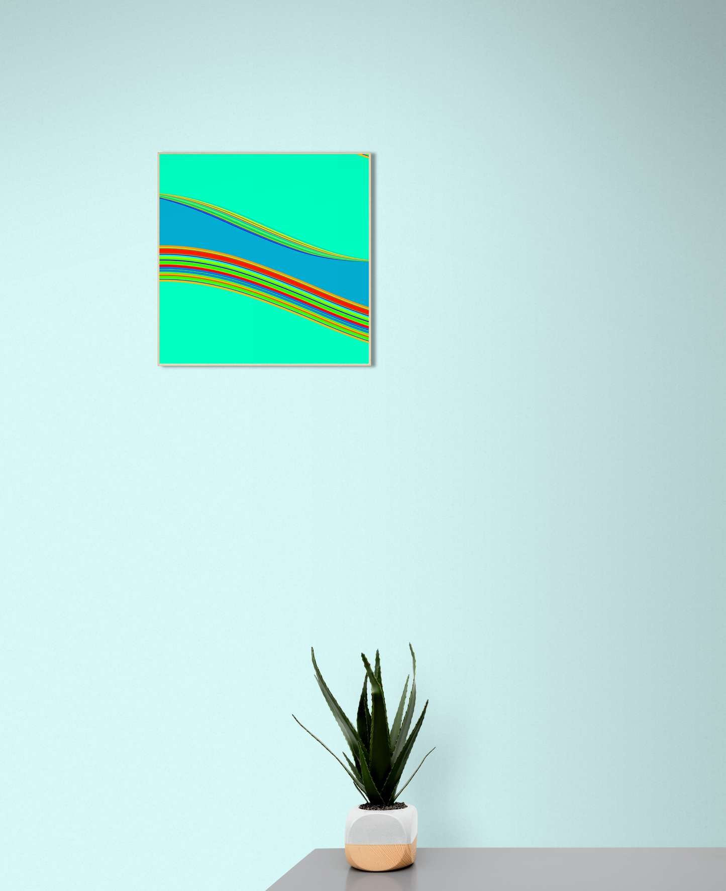 Abstract generative art print with colorful stripes on a light blue wall, accompanied by a potted plant.