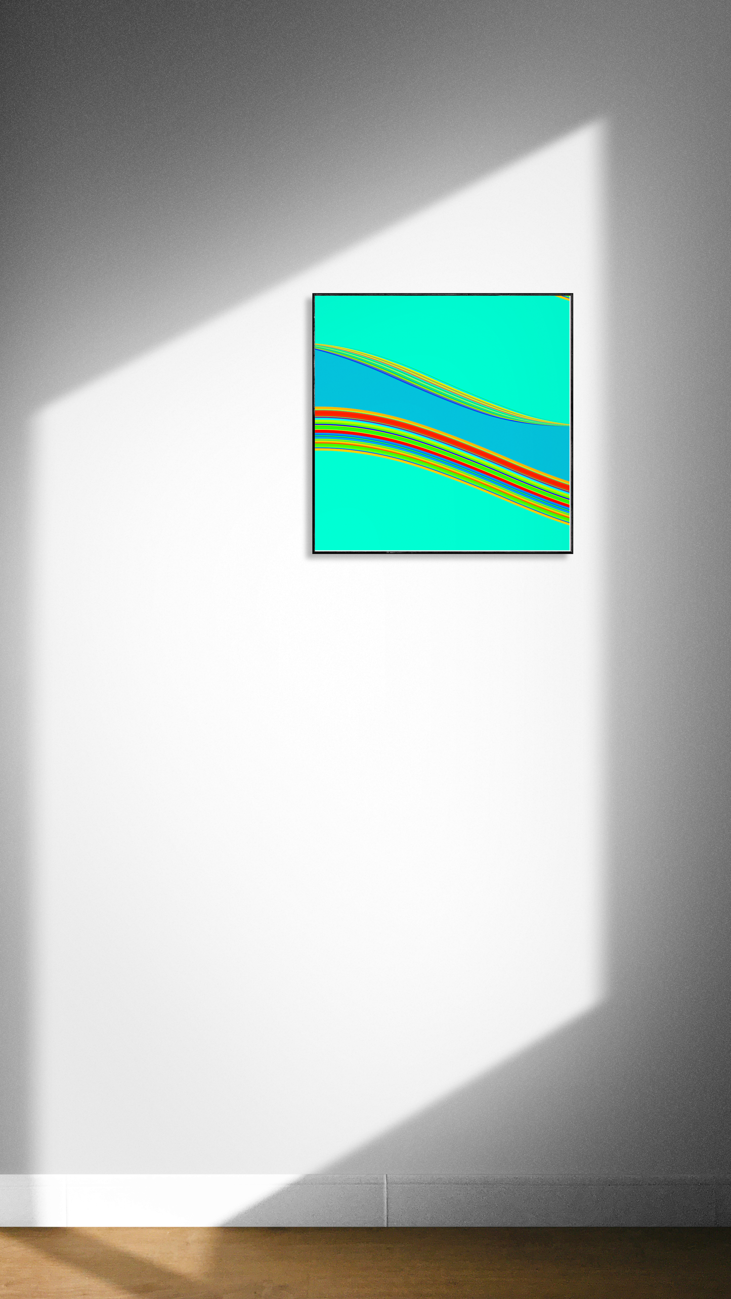 Abstract generative art print with colorful stripes on a white wall