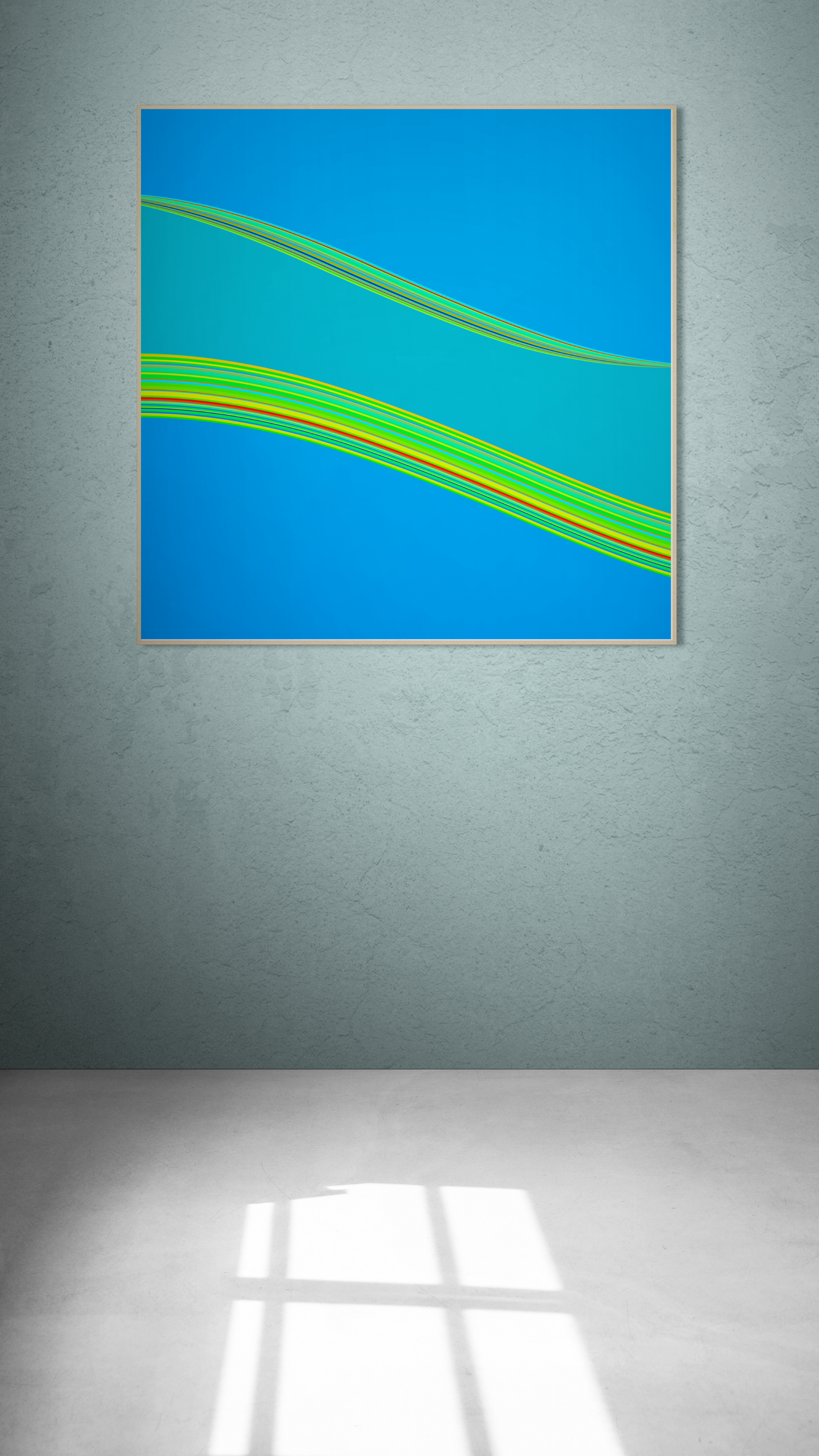 Abstract generative art print with wavy lines in blue, green, and yellow on a gray wall.