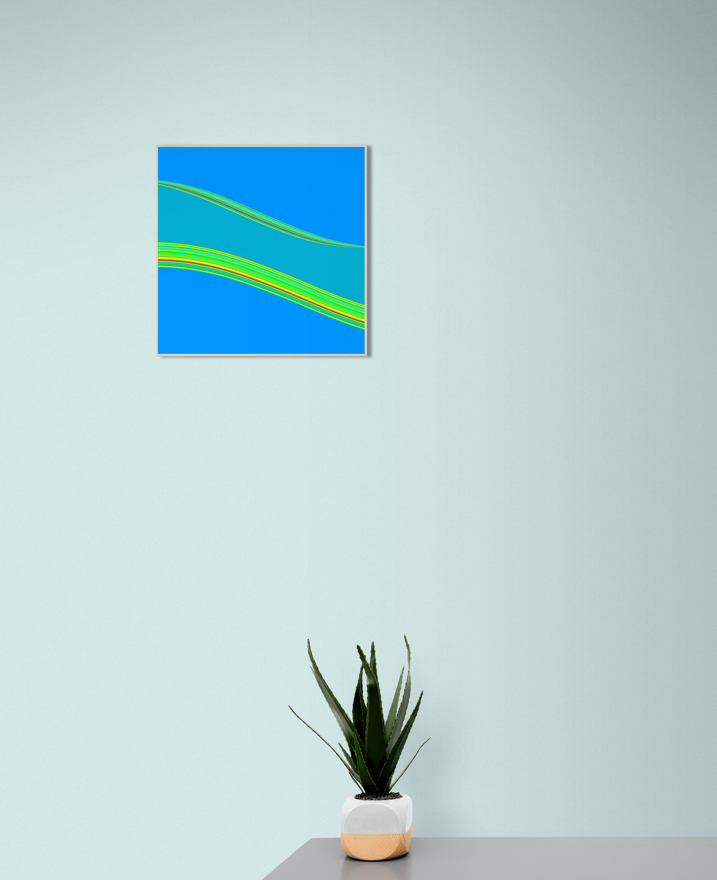 Abstract generative art print with blue and green colors on a light gray wall, accompanied by a potted plant.