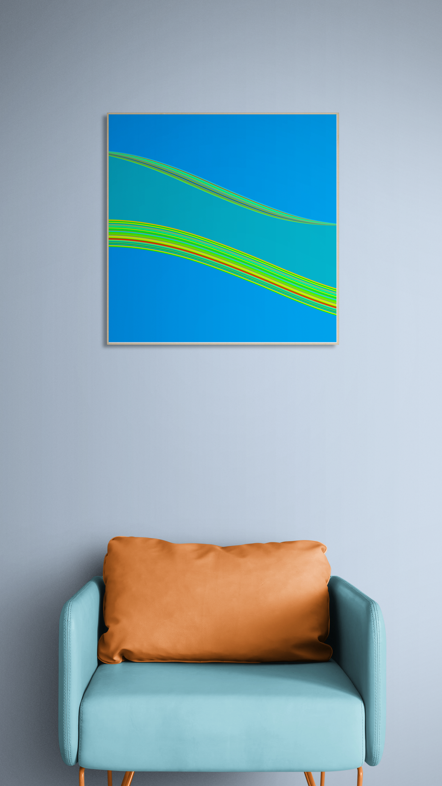Abstract generative art print with blue and green colors on a gray wall above a light blue chair with a brown cushion.
