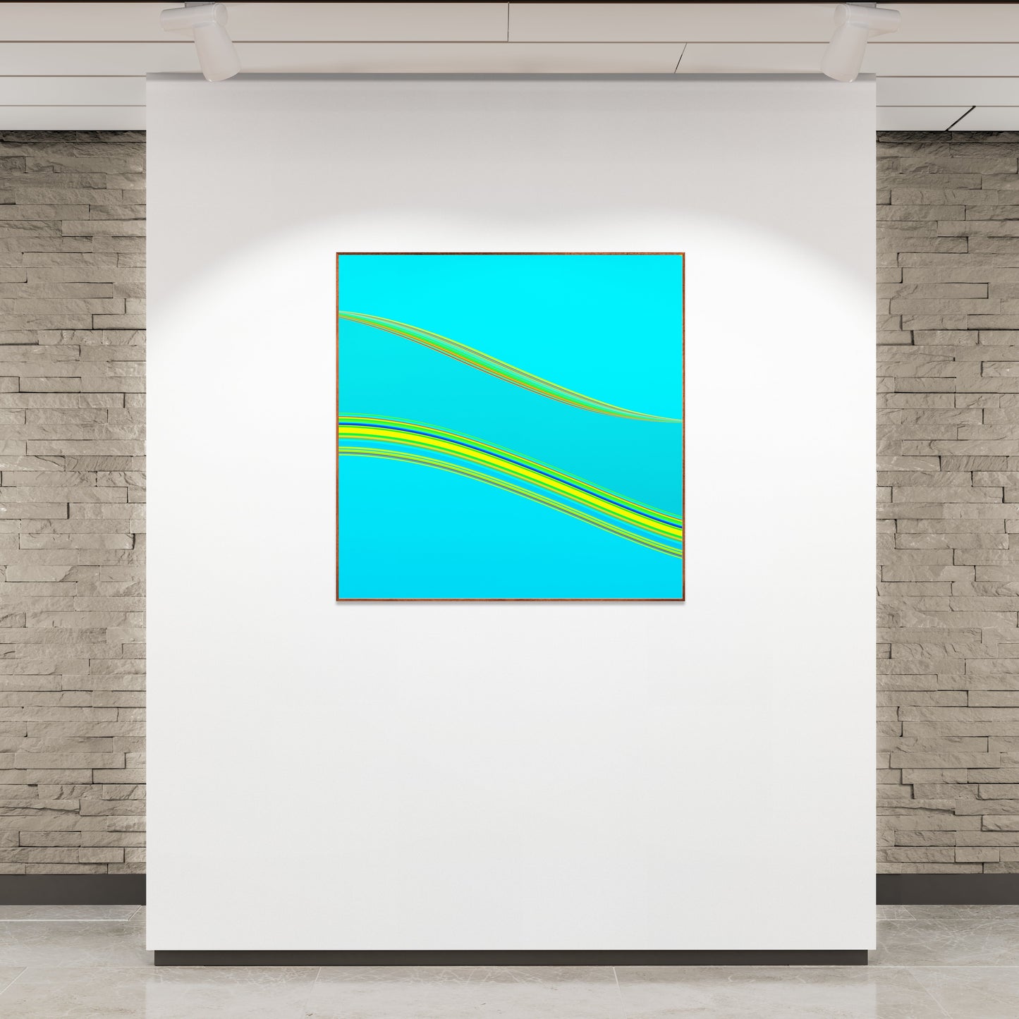 Abstract generative art print with blue and yellow colors on a white wall.