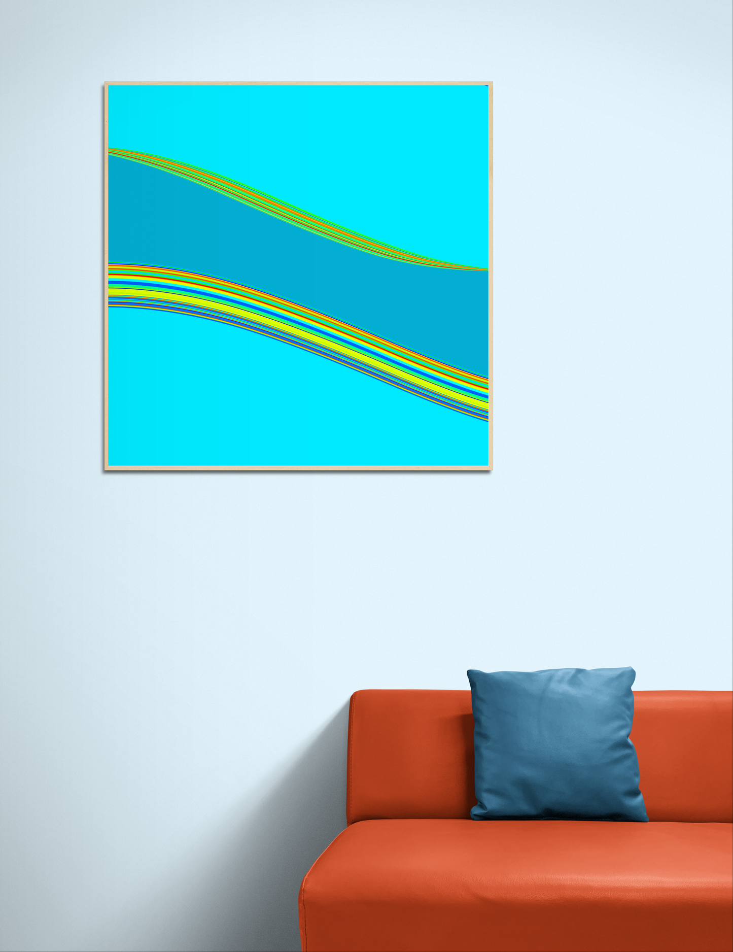 Abstract generative art print with blue and green lines on a white wall above an orange sofa with a blue pillow.