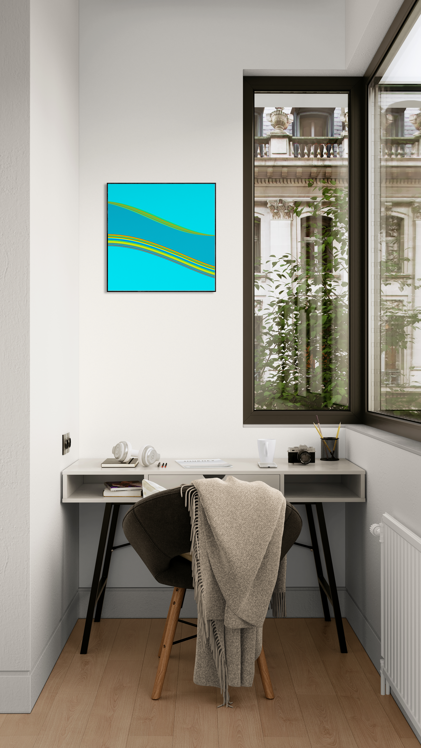 Modern office space with a desk, chair, and abstract generative art print on the wall.