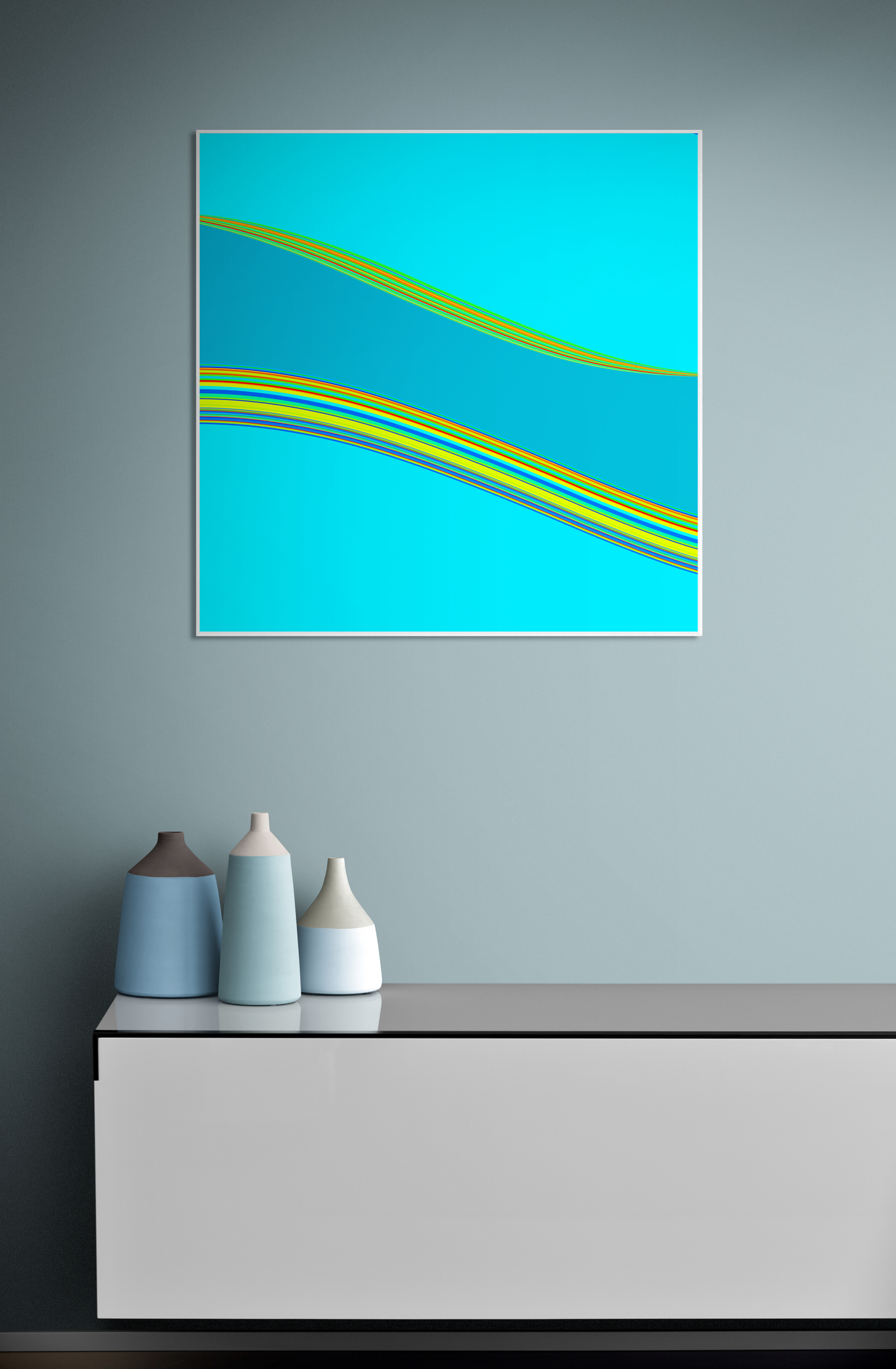 Abstract generative art print with blue and green colors on a gray wall above a white cabinet with decorative vases.