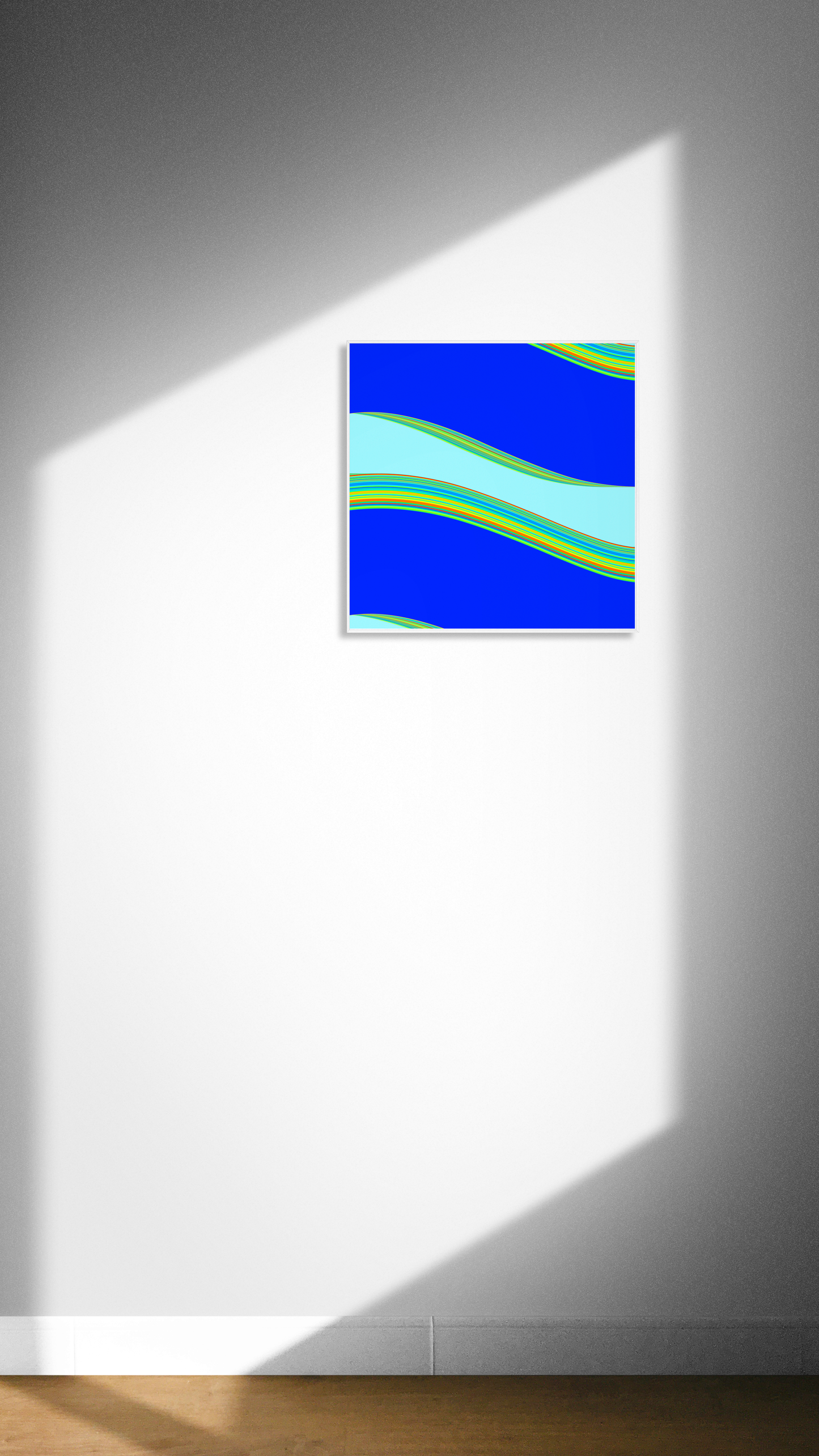 Abstract generative art print with blue and green wave patterns on a white wall.