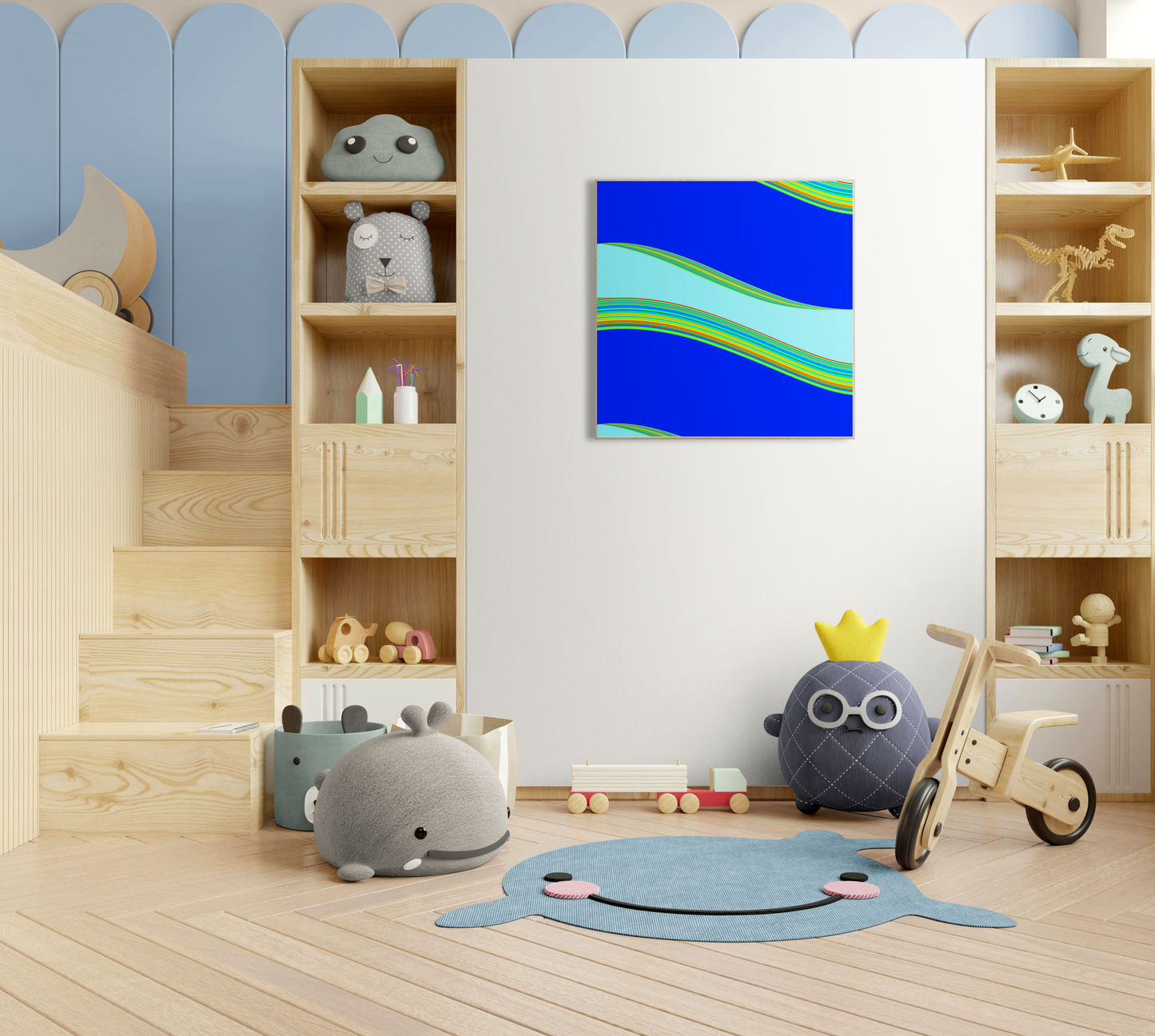 Children's room with wooden shelves, toys, and a colorful abstract generative art print on the wall.