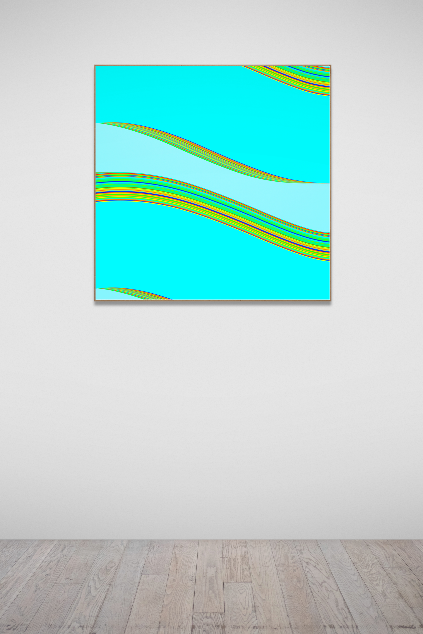 Abstract generative art print with wavy lines on a blue background in a white frame.