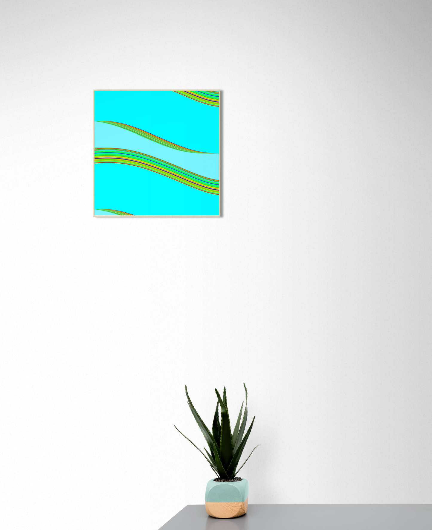 Framed abstract generative art print with blue and green colors on a white wall, accompanied by a potted plant.