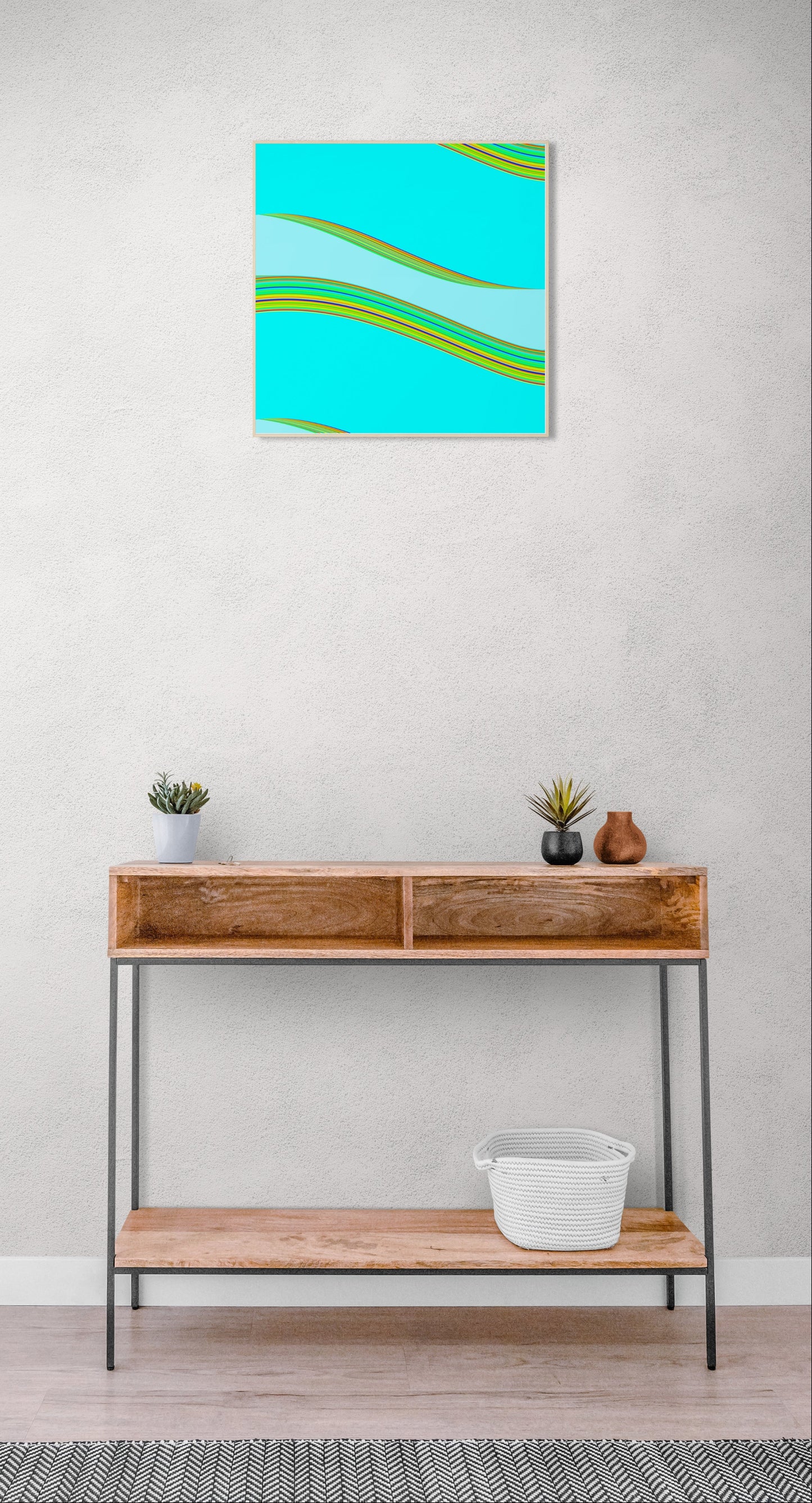 Modern interior with a wooden console table and abstract generative art print on the wall.