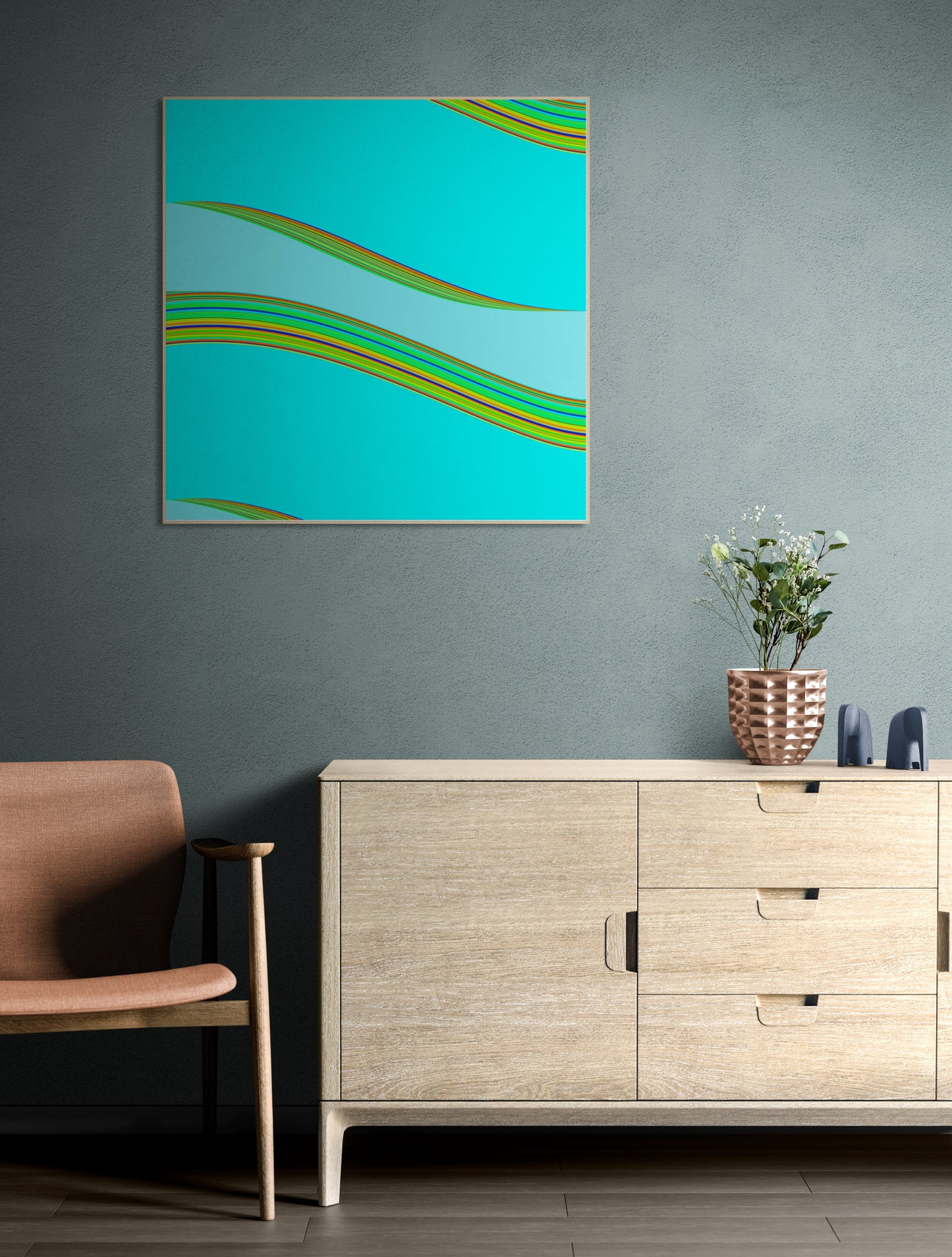 Abstract generative art print on a wall above a wooden cabinet with a chair and decorative items.