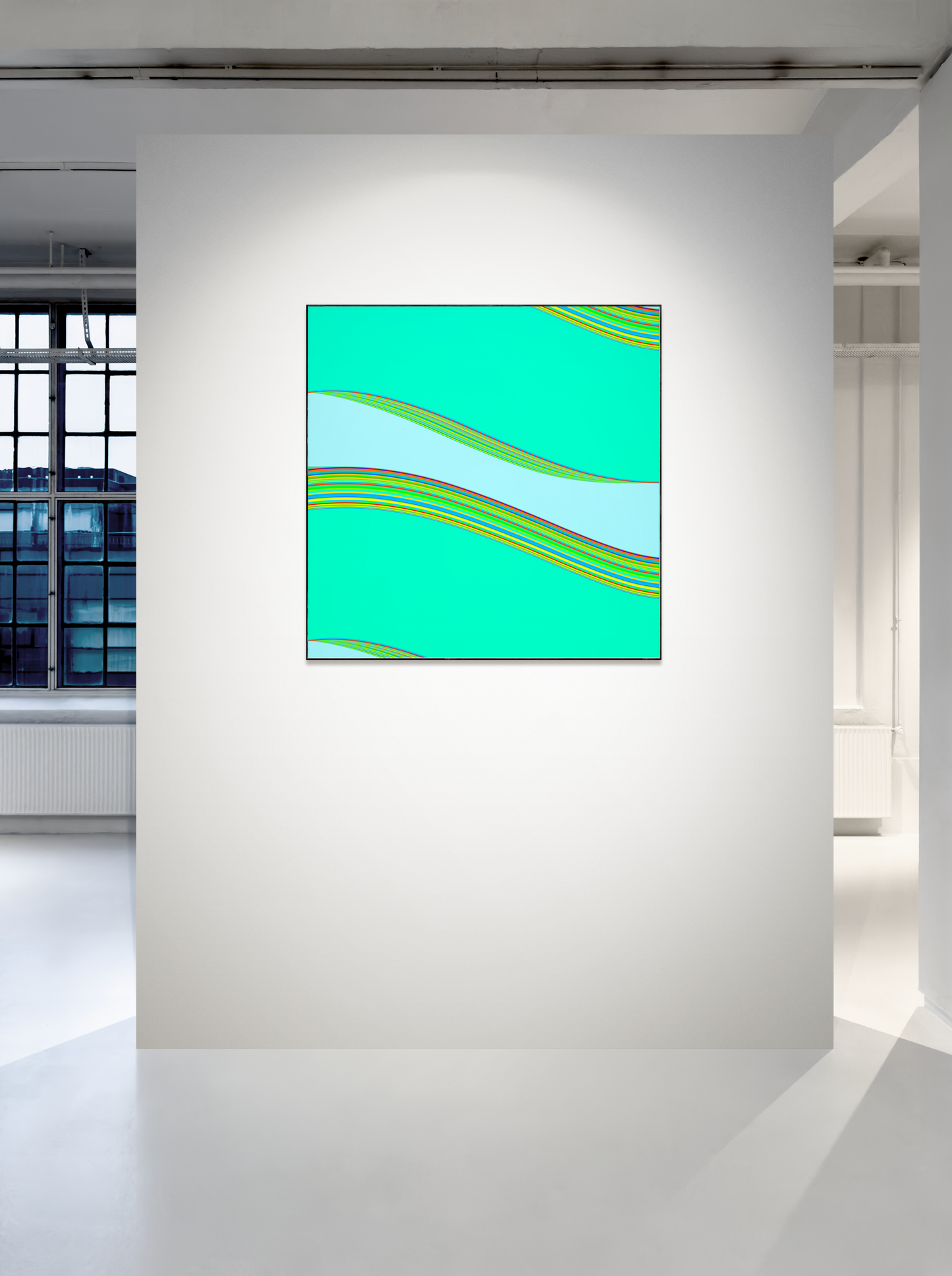 Modern abstract generative art print on a white wall in a minimalistic room.