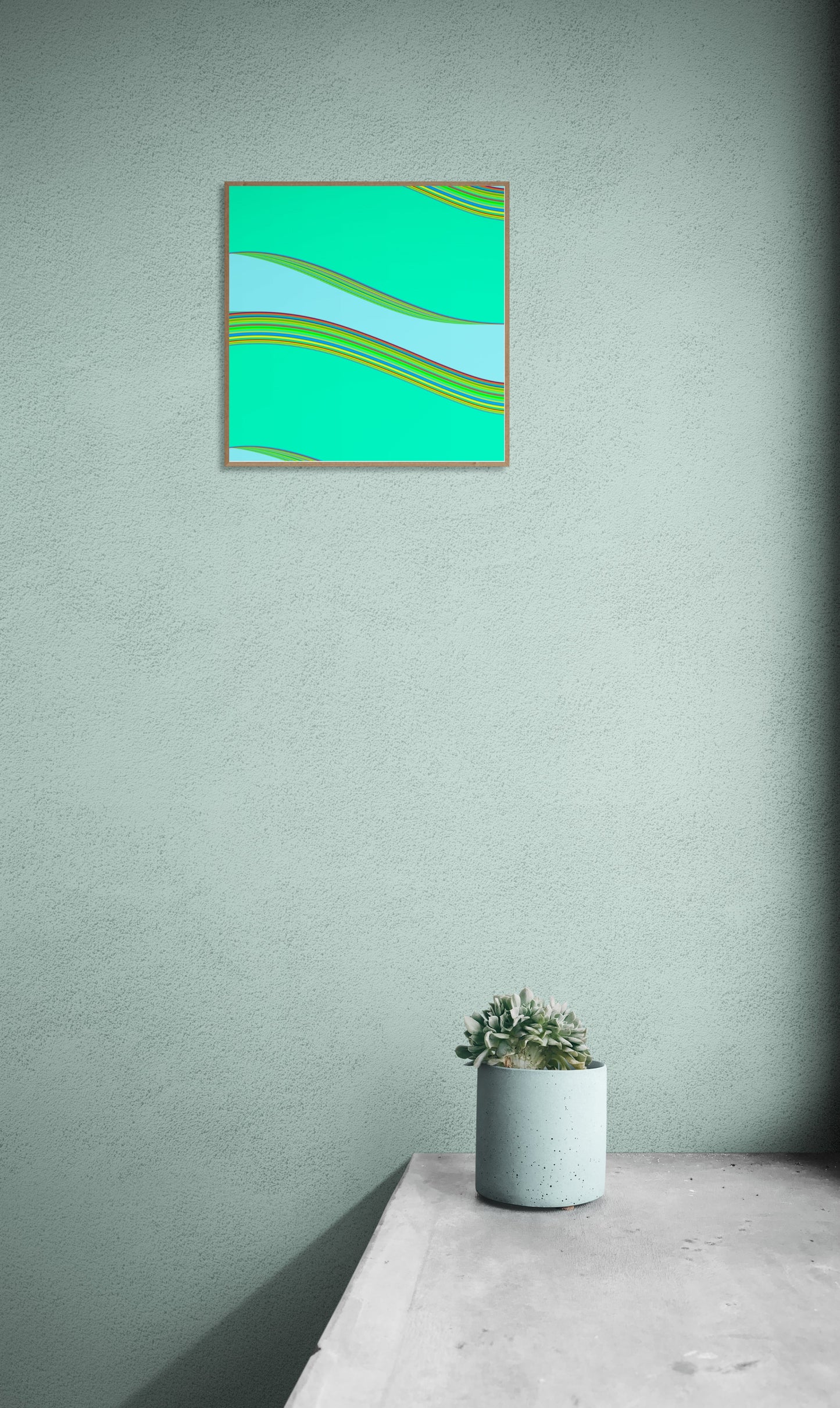Framed abstract generative art print on a light green wall with a small potted plant below.