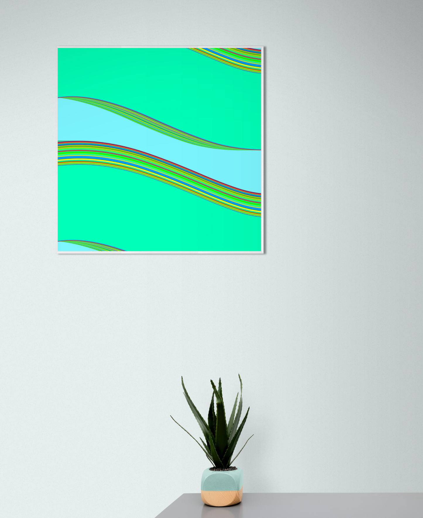 Framed abstract generative art print with wavy lines on a teal background, placed above a small potted plant on a table.