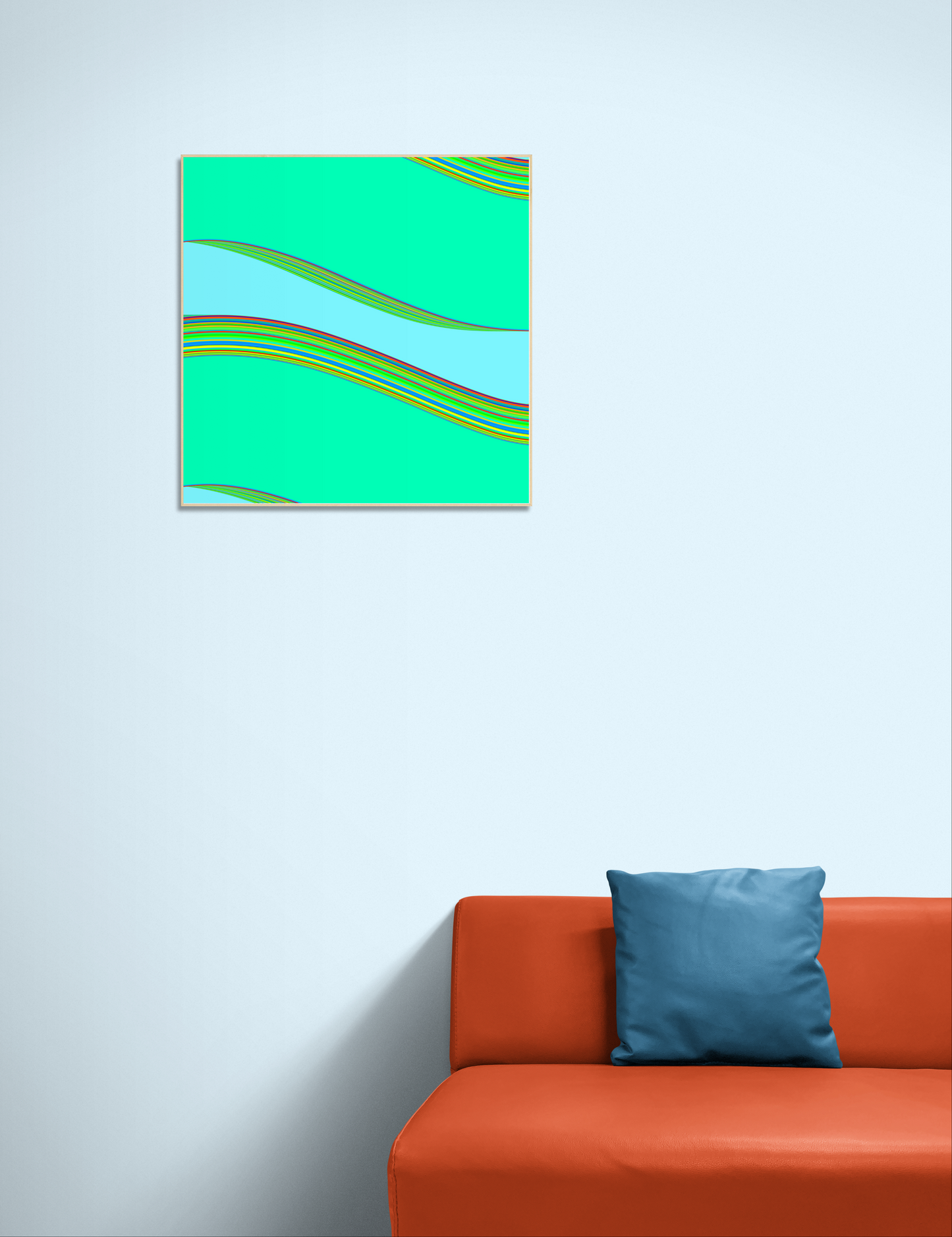 Abstract generative art print on a wall above an orange sofa with a blue pillow.