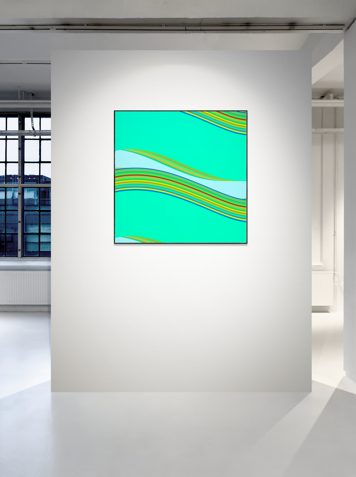 Modern abstract generative art print on a white wall in a minimalistic room