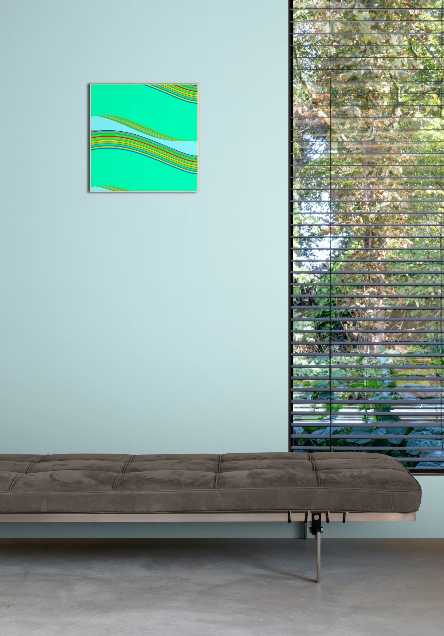 Modern interior with a brown sofa and abstract green generative art print on a light blue wall.