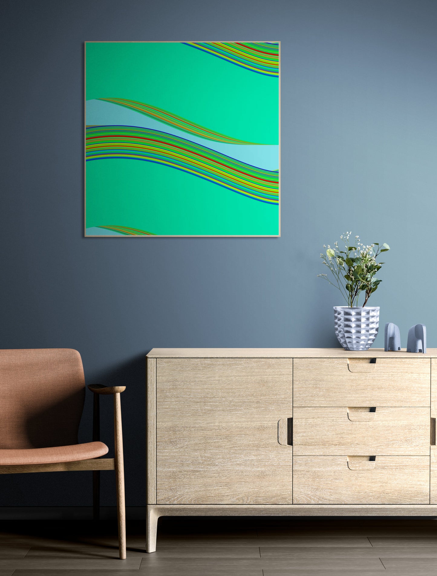 Modern interior with abstract green and blue generative art print, wooden sideboard, and brown chair.