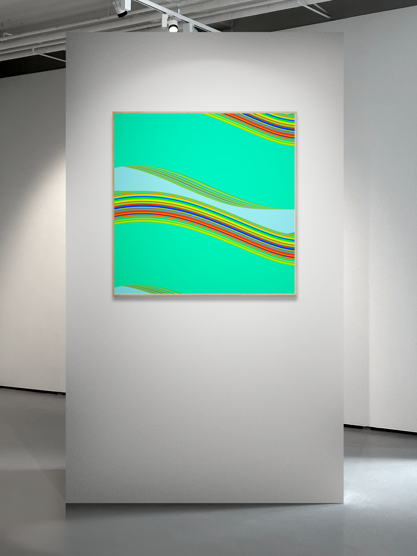 Abstract generative art print with colorful wavy patterns on a teal background in an art gallery.