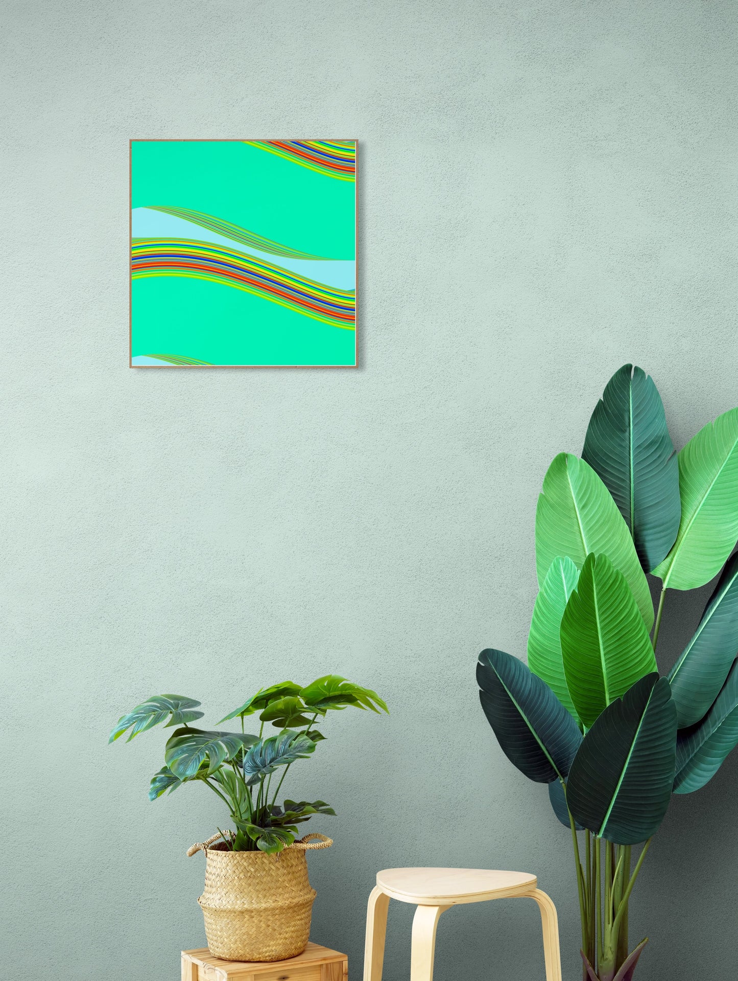 Abstract generative art print on a wall with plants and a stool below