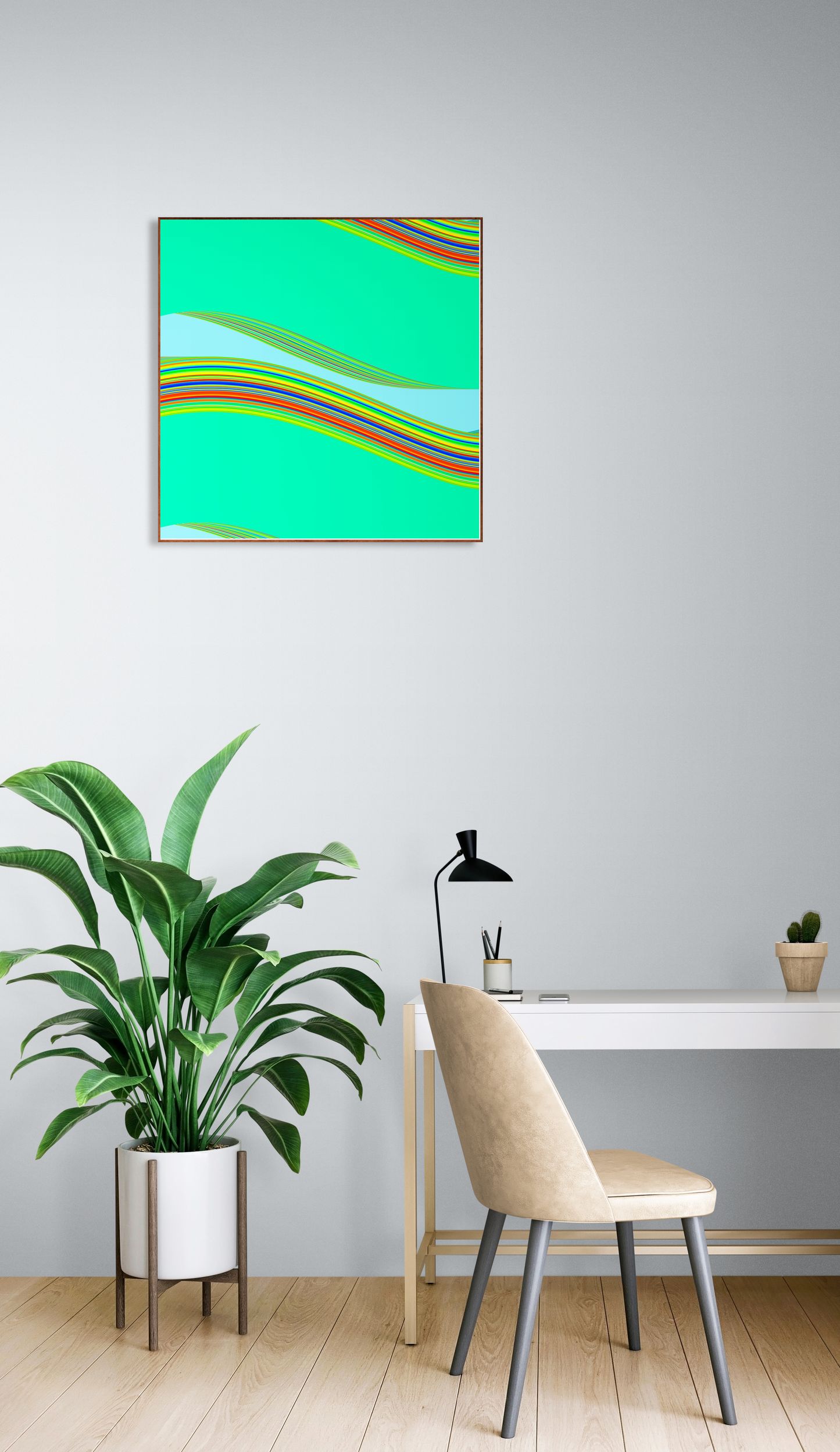 Modern interior with a colorful abstract generative art print on the wall, a plant, and a chair.