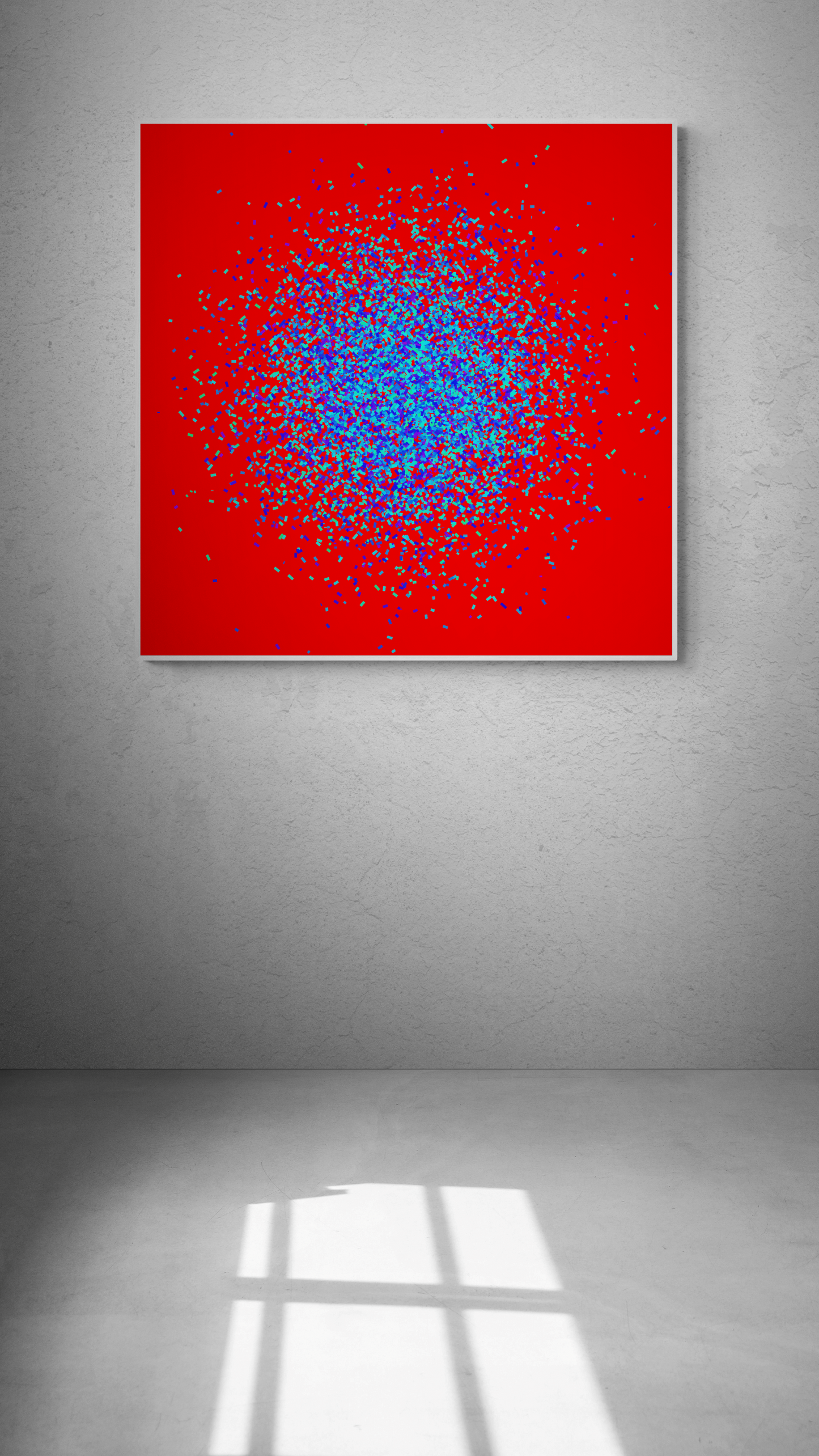 Abstract art print with blue, green and red patterns on a red background, framed and hanging on a gray wall.