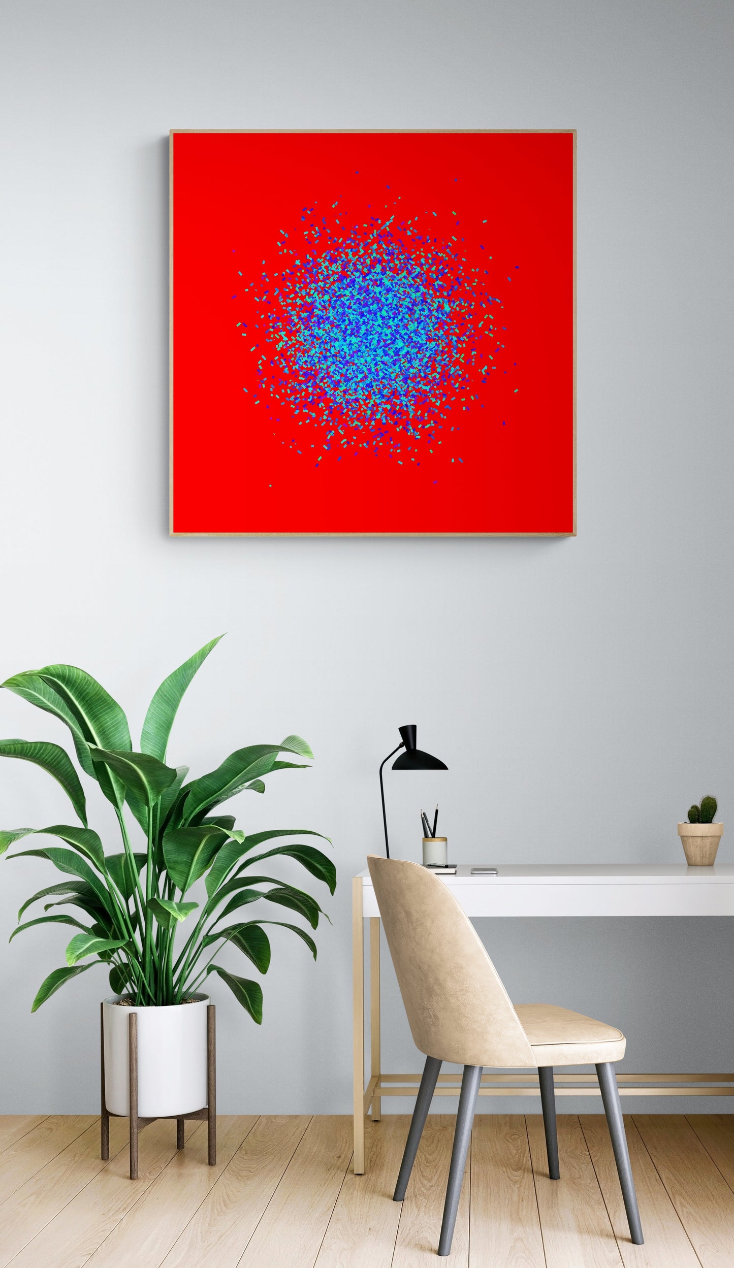 Abstract circle patterned art print of blue and green fragments on a red background in a modern interior setting.